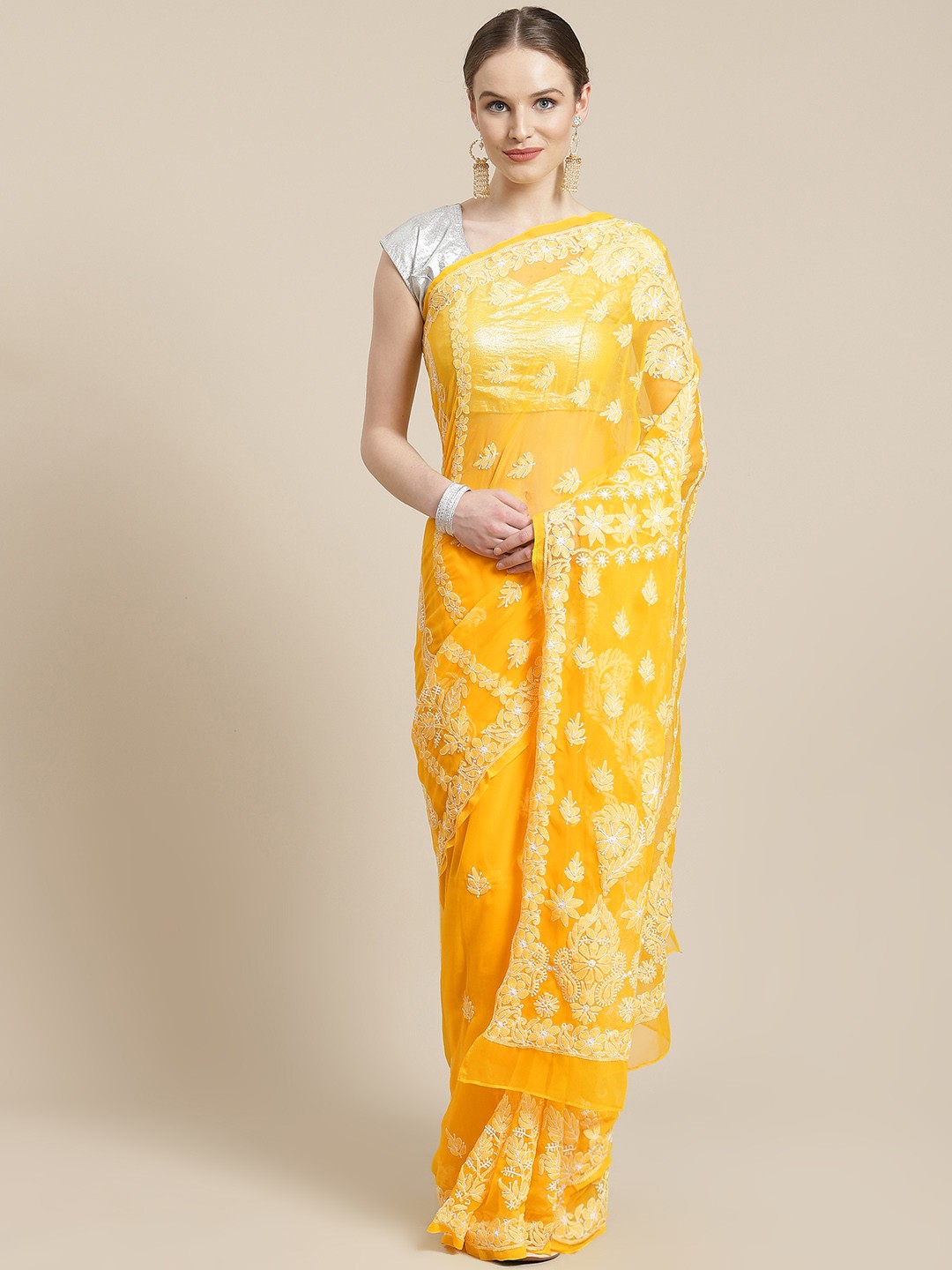 

ADA Yellow Chikankari Embroidered Handloom Saree