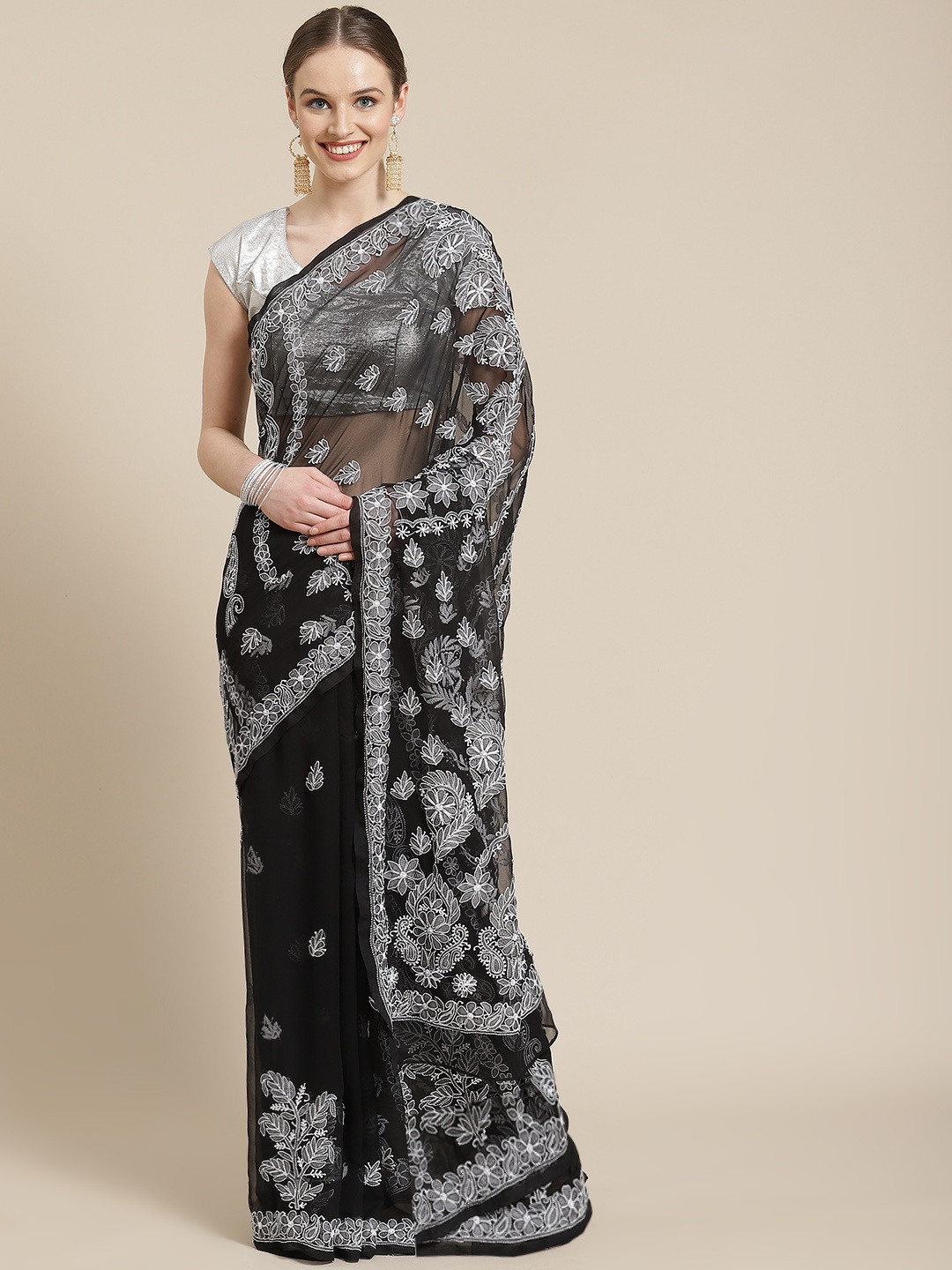 

ADA Black & White Chikankari Embroidered Handloom Saree