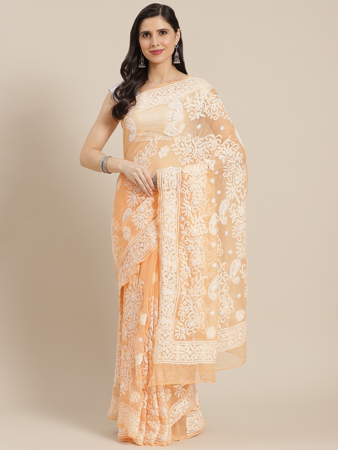

ADA Peach-Coloured & White Chikankari Hand Embroidered Handloom Saree