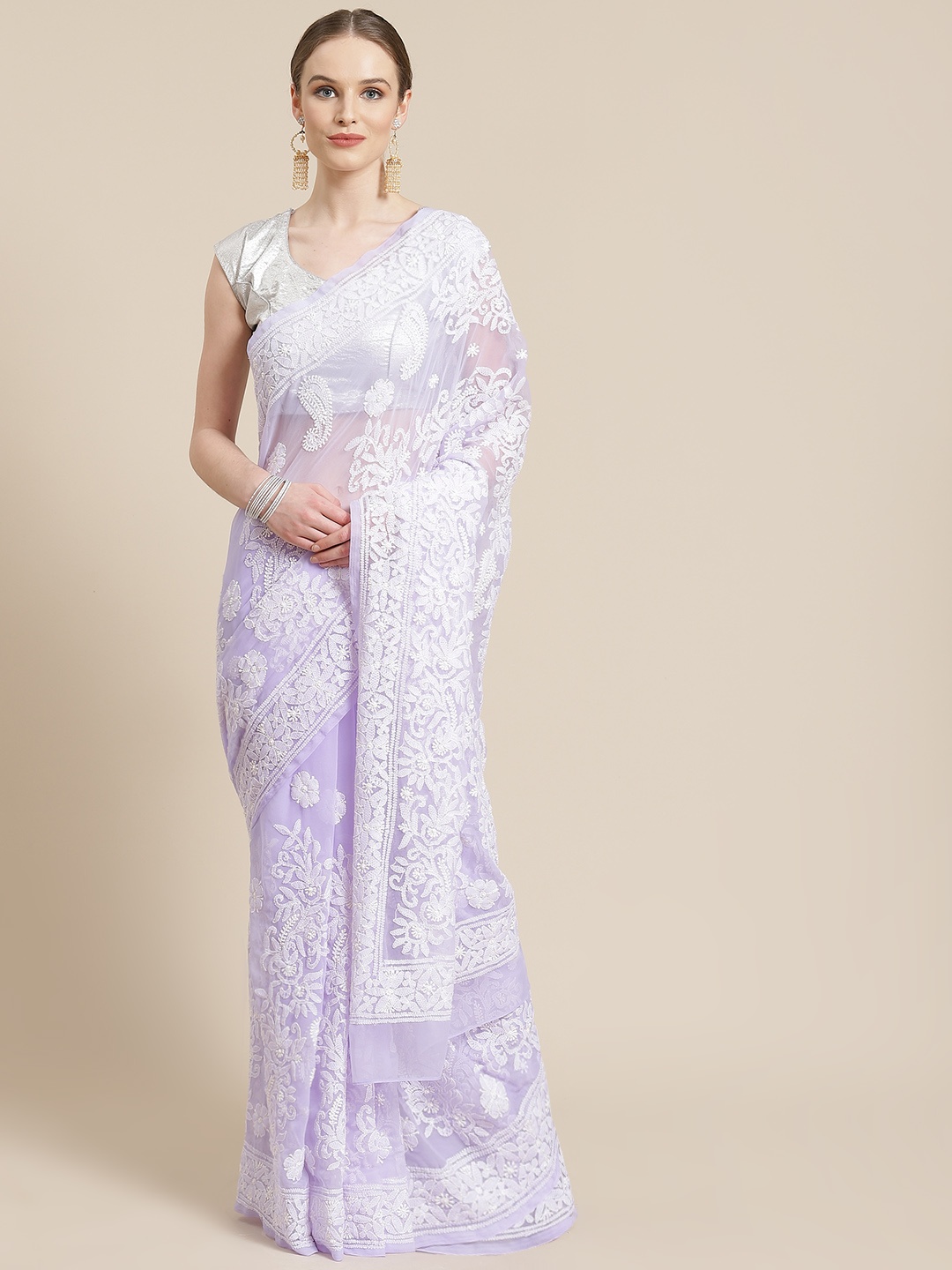 

ADA Lavender & White Chikankari Hand Embroidered Saree
