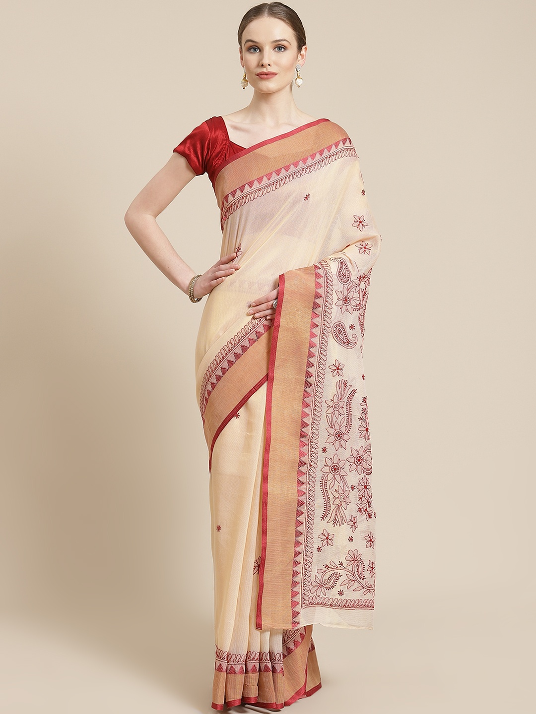 

Women Beige & Maroon Chikankari Embroidered Kota Saree