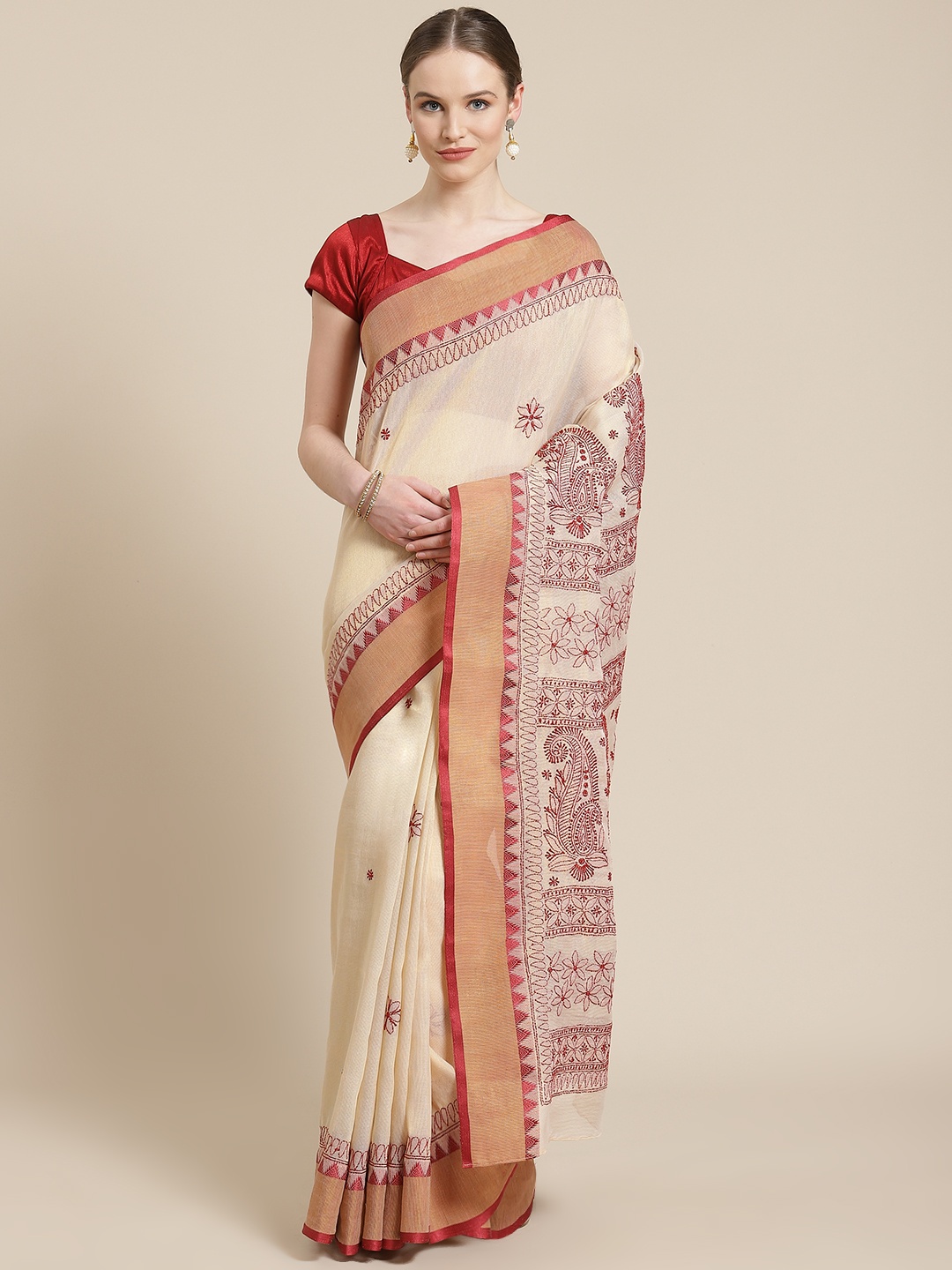 

ADA Beige & Maroon Chikankari Embroidered Kota Saree