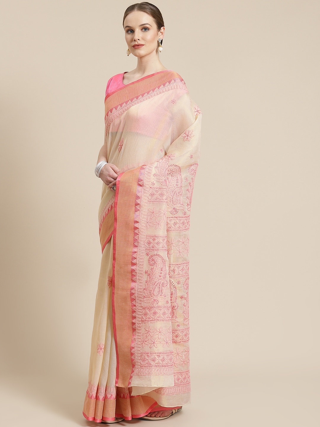 

ADA Beige & Pink Chikankari Embroidered Kota Handloom Saree