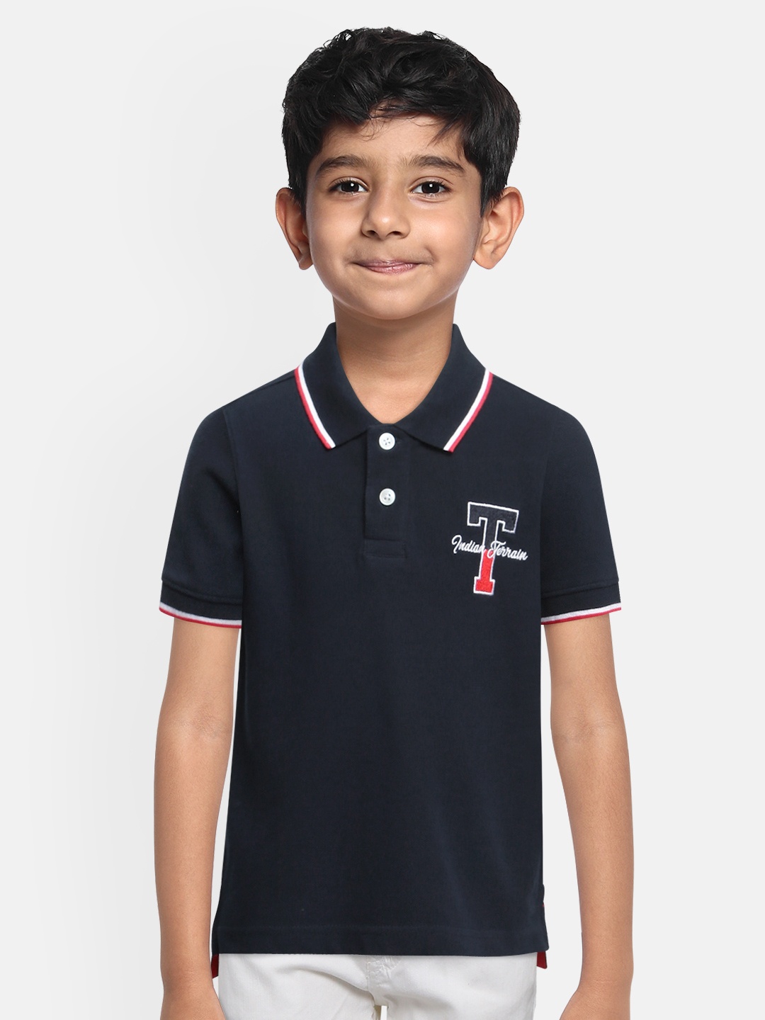

Indian Terrain Boys Blue Solid Pure Cotton Polo Collar Pure Cotton T-shirt