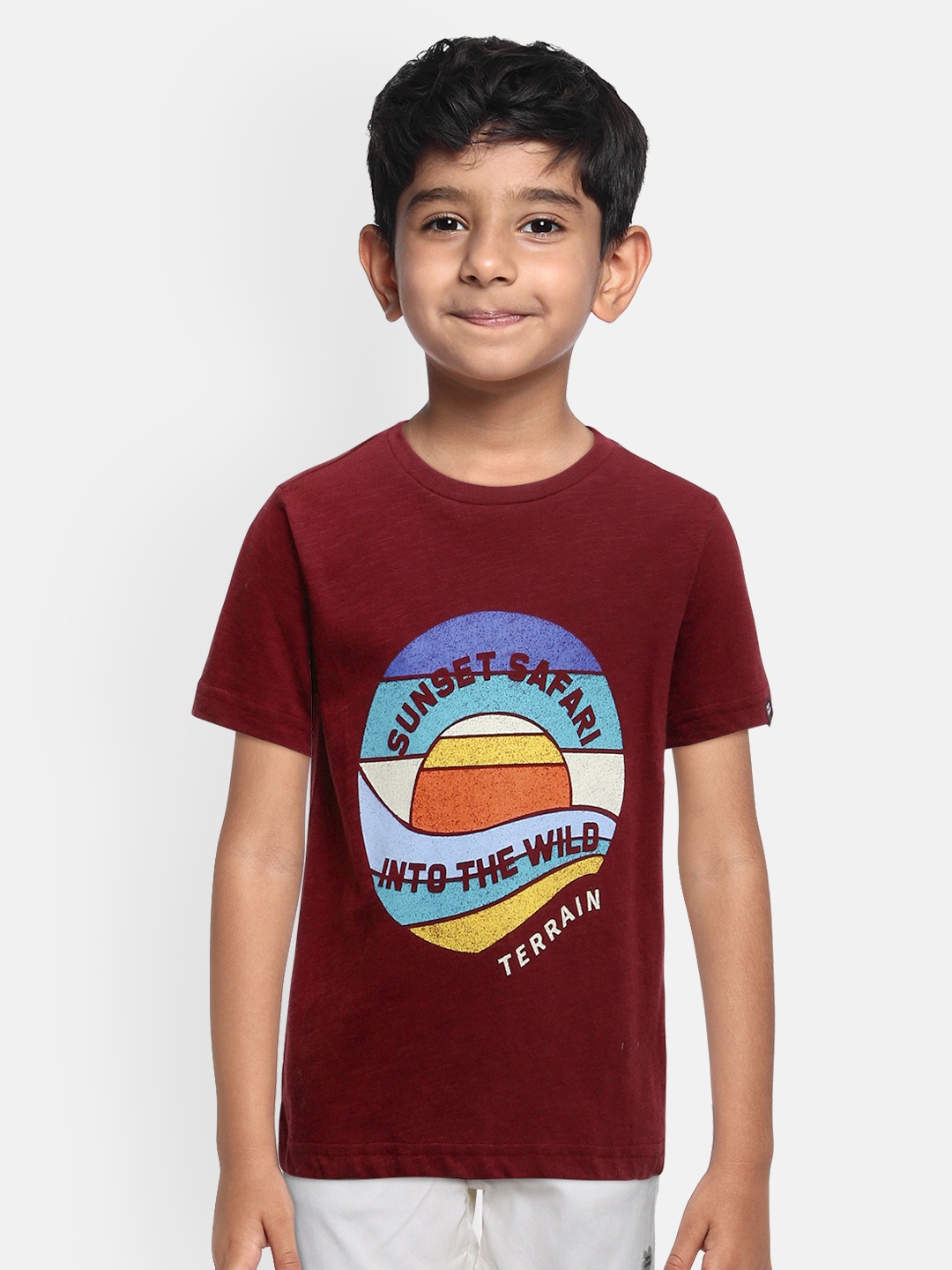 

Indian Terrain Boys Maroon Printed Round Neck Pure Cotton T-shirt