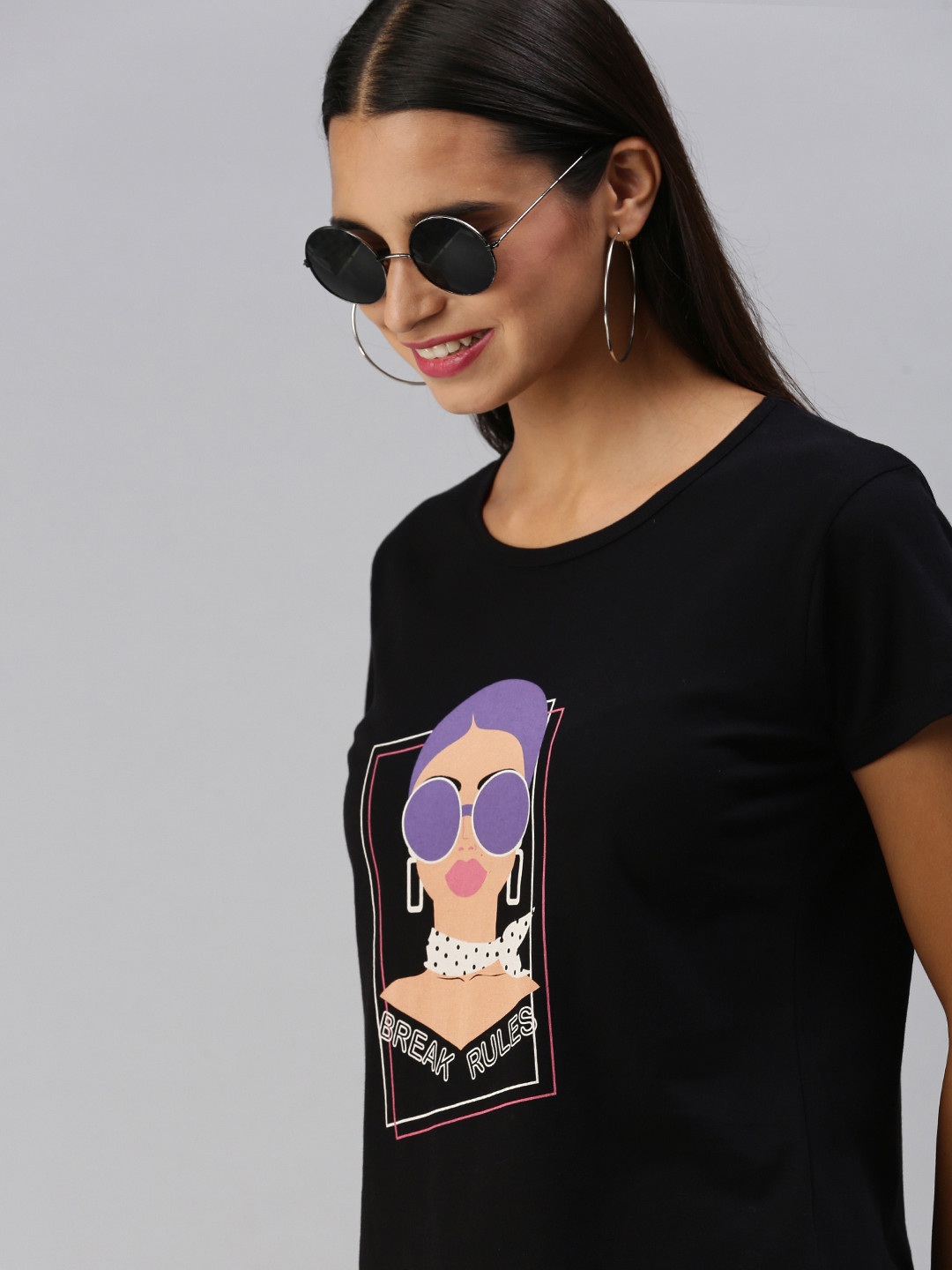 

HERENOW Women Black Printed Pure Cotton T-shirt