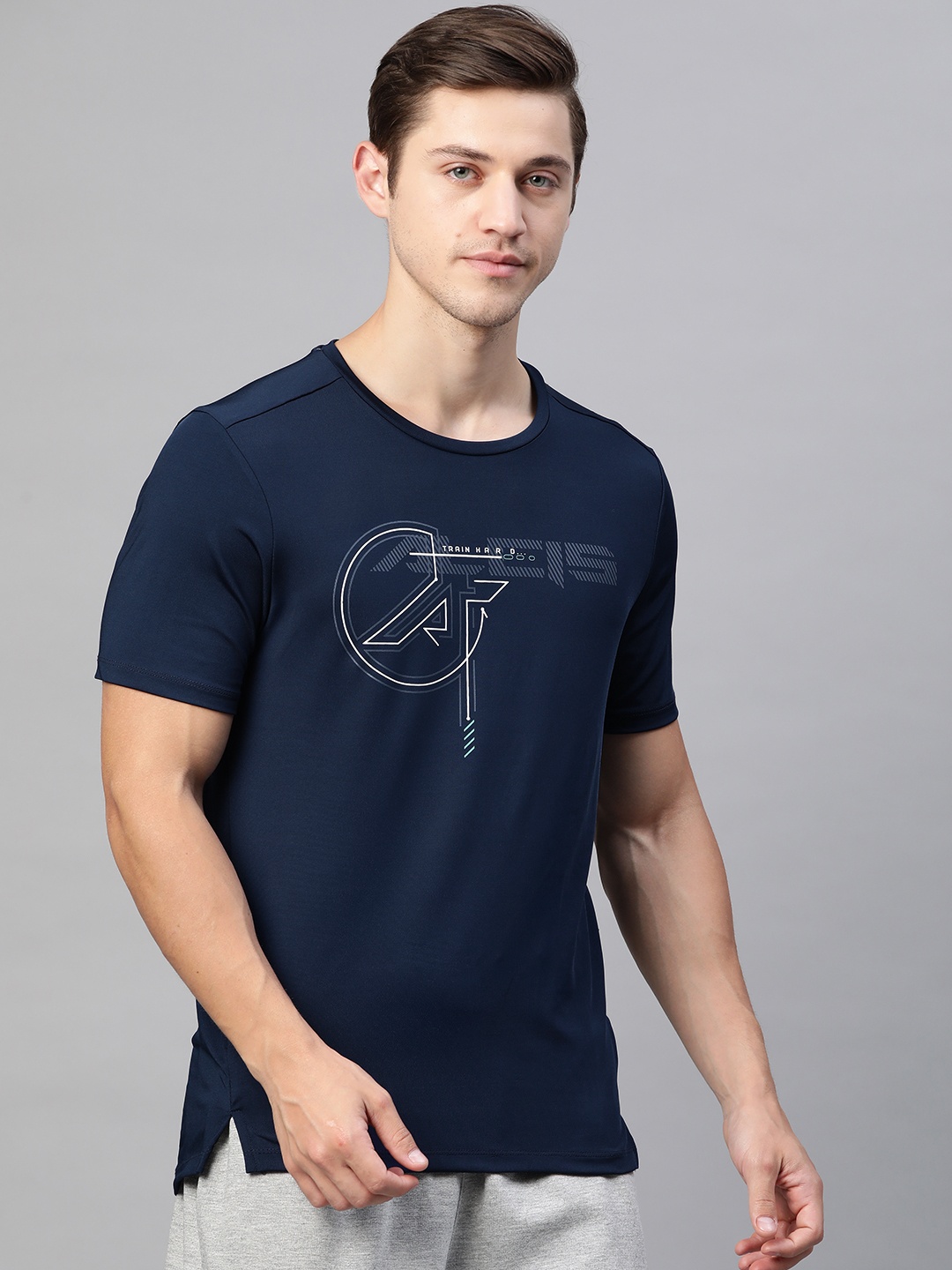 

Alcis Men Navy Blue & White Graphic Print Slim Fit Round Neck Sports T-shirt