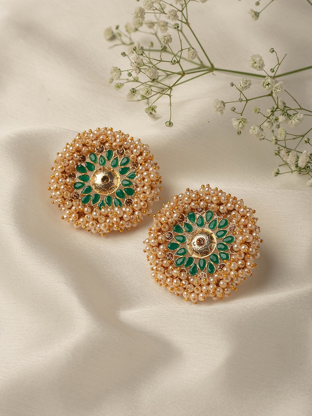 

Zaveri Pearls Green Gold-Plated Studded Circular Studs