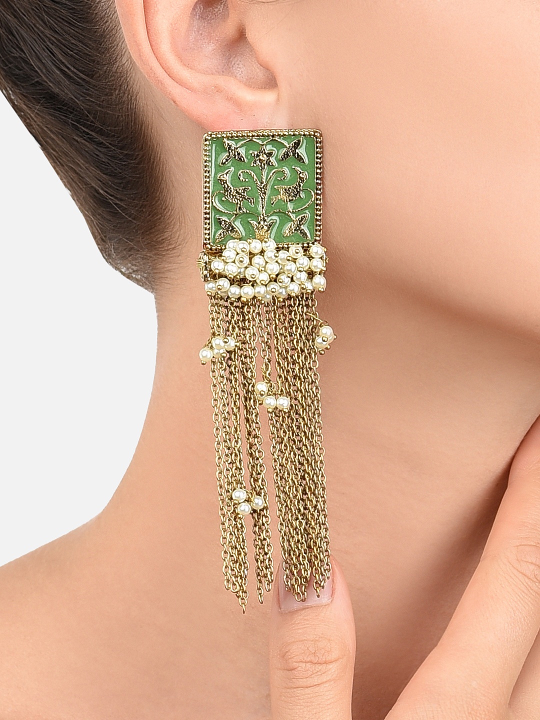 

Zaveri Pearls Gold-Plated & Green Geometric Meenakari Drop Earrings