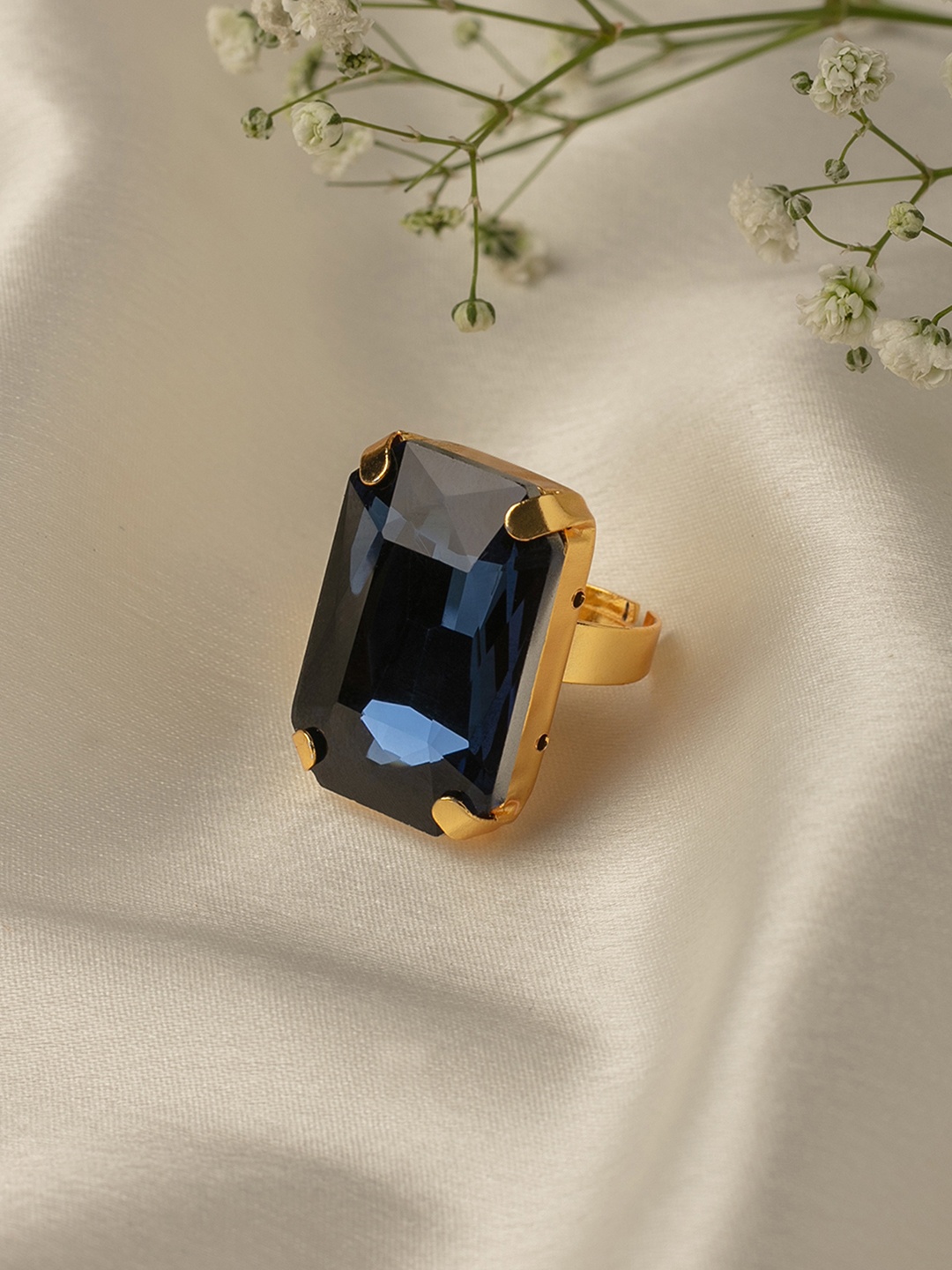 

Zaveri Pearls Navy Blue Gold-Plated Crystal Studded Rectangular Adjustable Finger Ring