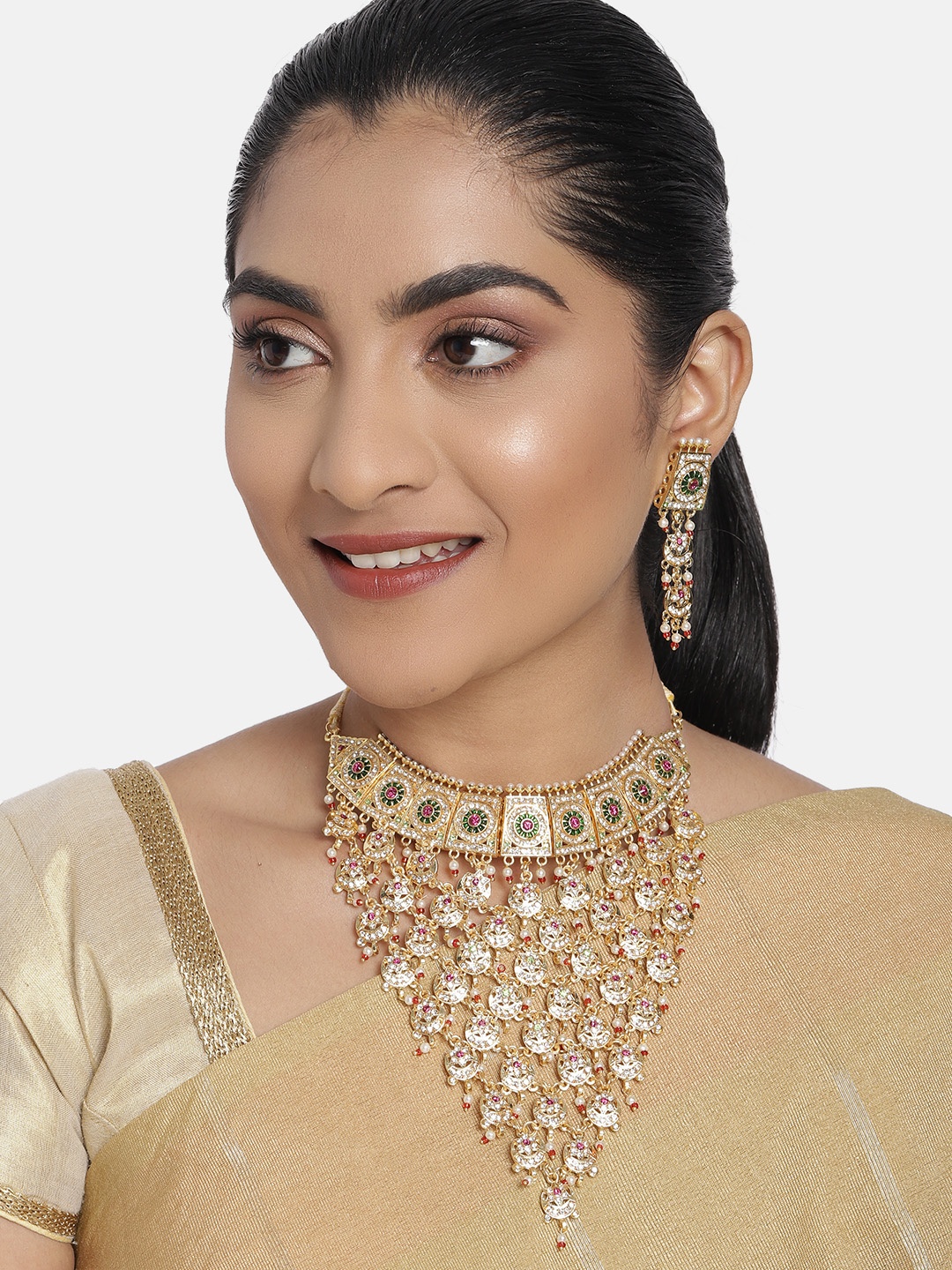 

Zaveri Pearls Red & Green Gold-Plated Studded Choker Jewellery Set