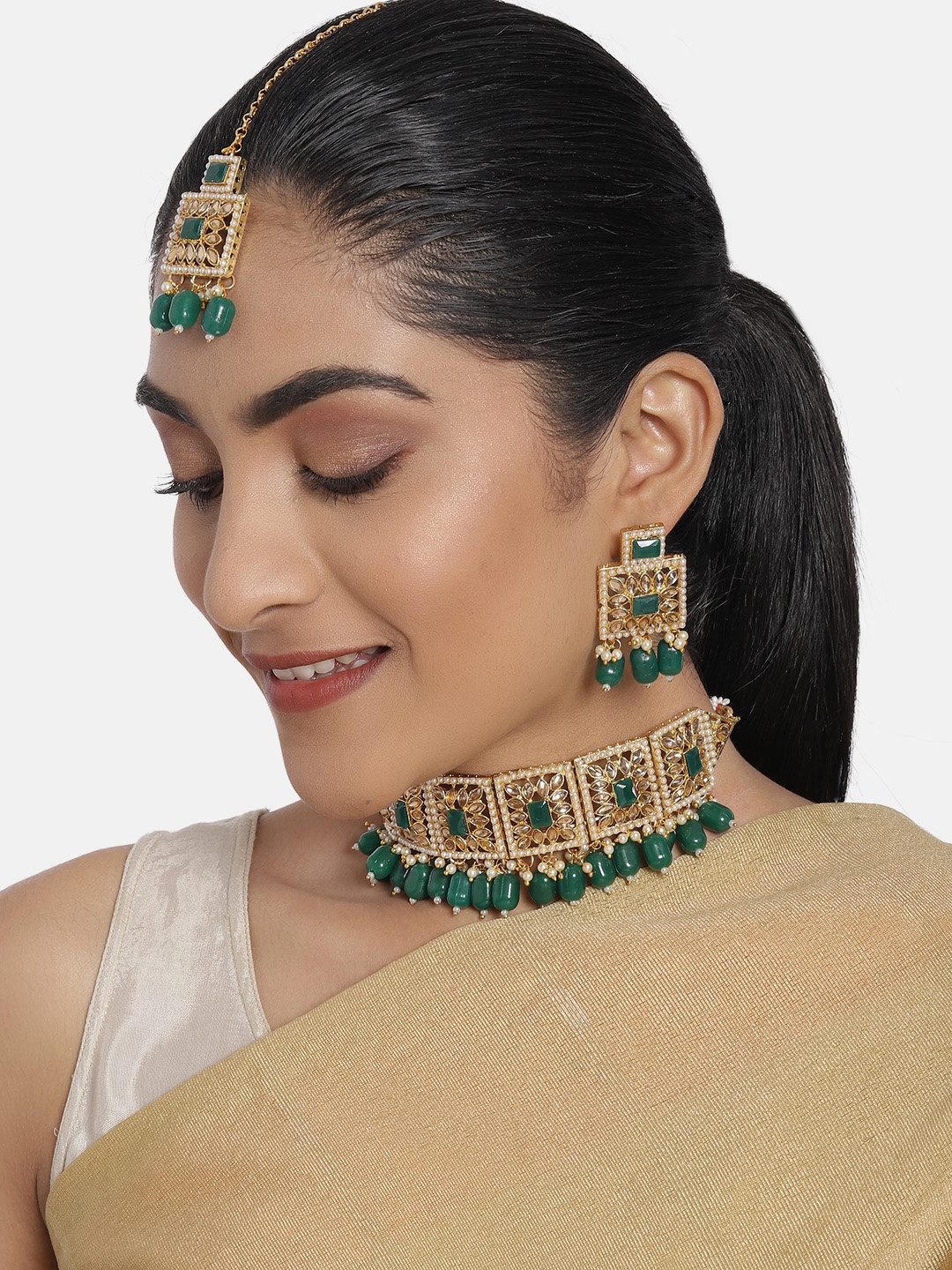 

Zaveri Pearls Green Gold-Plated Traditional Choker Necklace Earring & Maangtikka Set