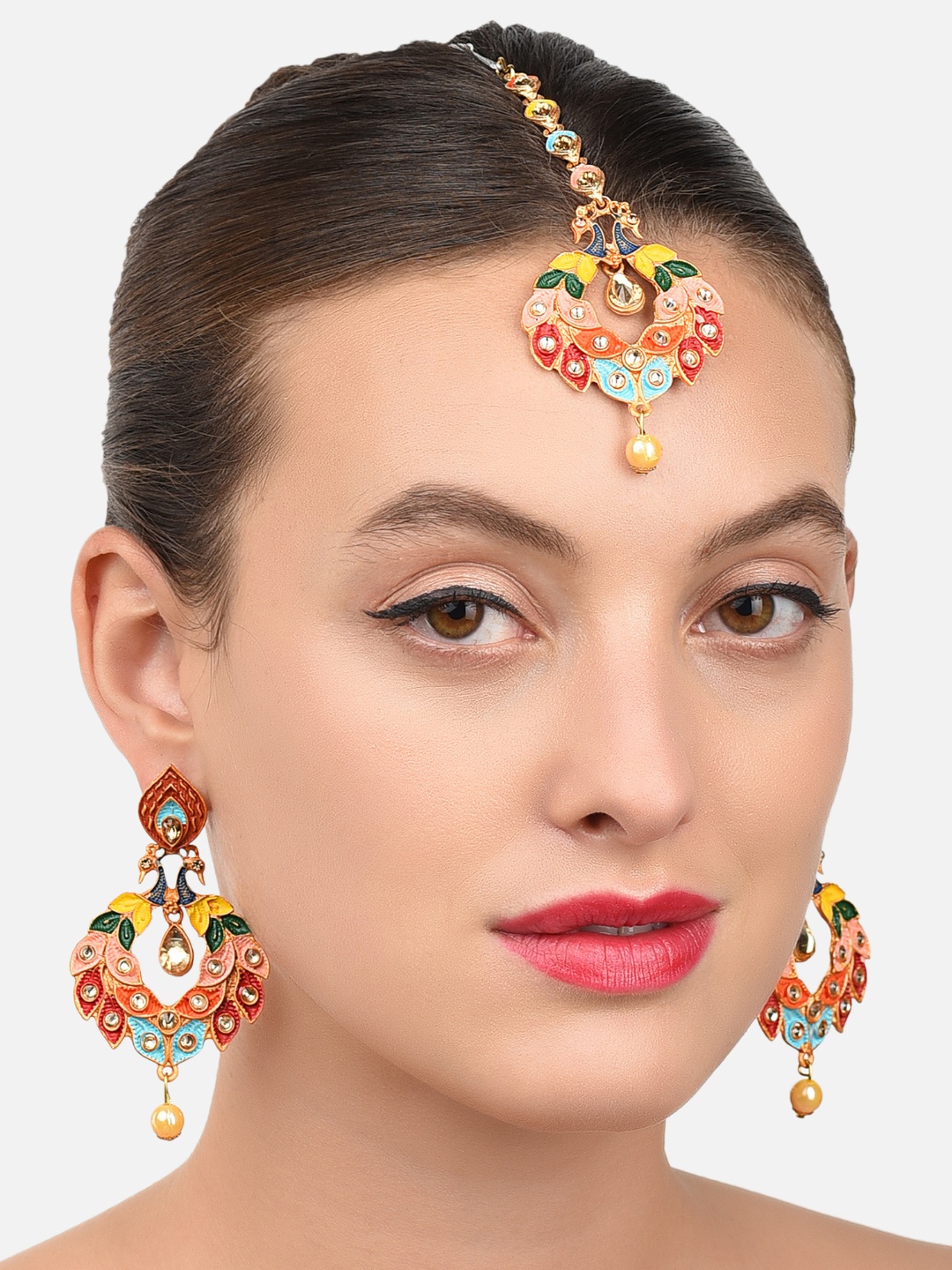 

Zaveri Pearls Red & Yellow Gold-Plated Meenakari Stone-Studded Jewellery Set