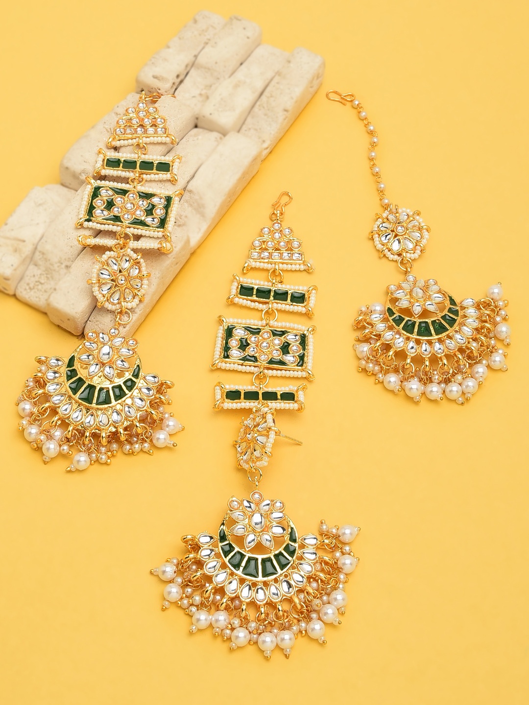 

Zaveri Pearls White & Green Gold-Plated Enamelled Kundan-Studded Wedding Jewellery Set