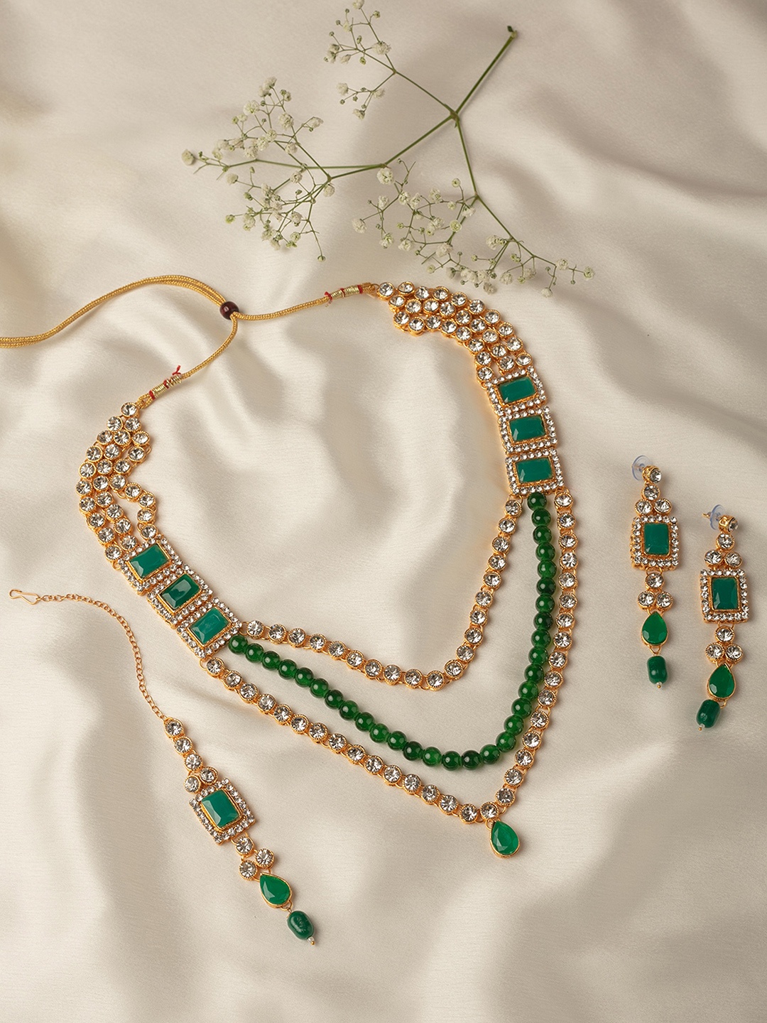 

Zaveri Pearls Gold-Plated & Green Layered Embellished Jewellery Set