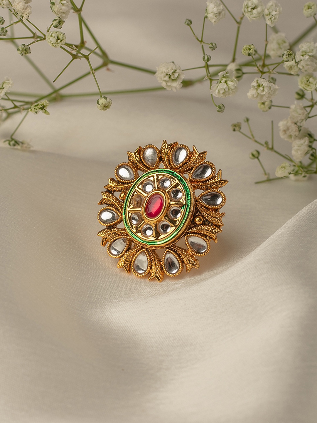 

Zaveri Pearls Pink Gold-Plated Kundan Studded Wedding Collection Adjustable Finger Ring