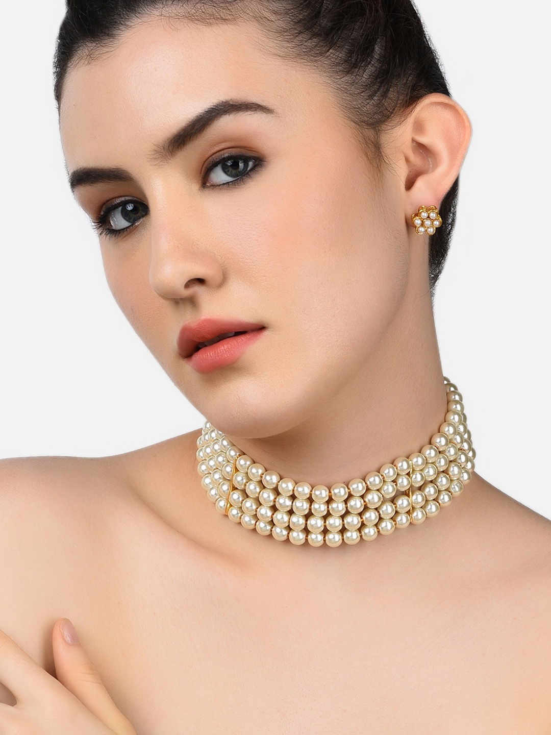 

Zaveri Pearls White Gold-Plated Studded Pearls Jewellery Set