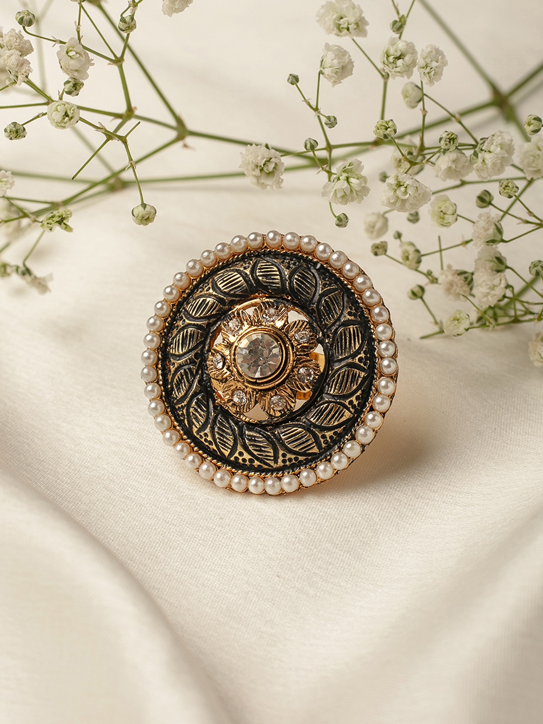 

Zaveri Pearls Navy Blue Gold-Plated Meenakari Traditional Adjustable Finger Ring