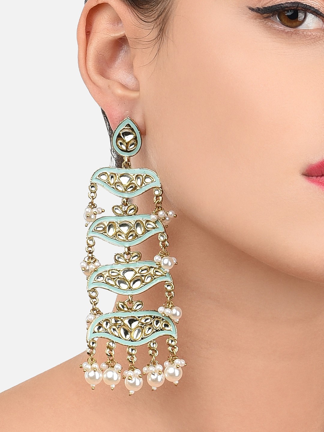 

Zaveri Pearls Green Gold-Plated Studded Meenakari Classic Drop Earrings