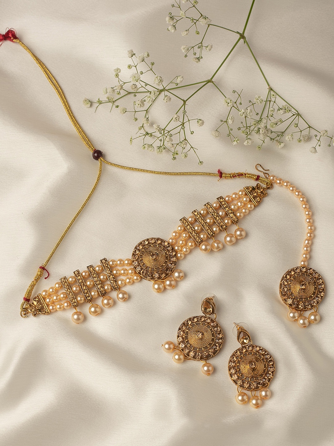 

Zaveri Pearls Gold-Plated Austrian Diamonds Choker Necklace, Earring & Maangtikka Set