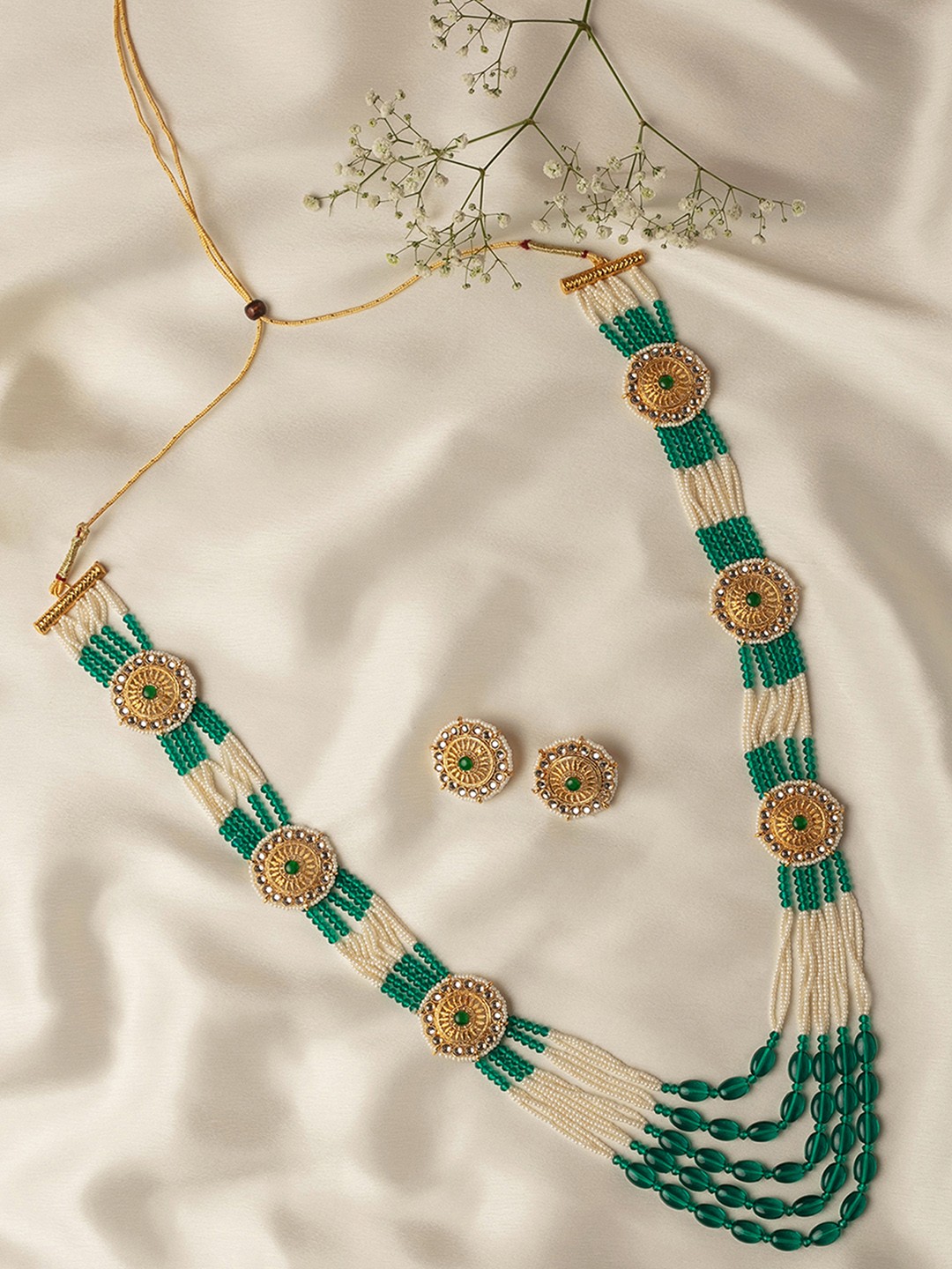 

Zaveri Pearls Green & White Gold-Plated Beaded Long Multistrand Jewellery Set