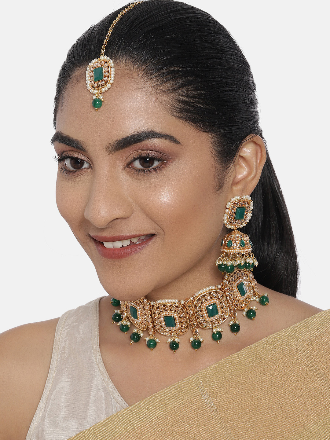 

Zaveri Pearls Green Gold-Plated Stone Studded & Beaded Wedding Jewellery Set
