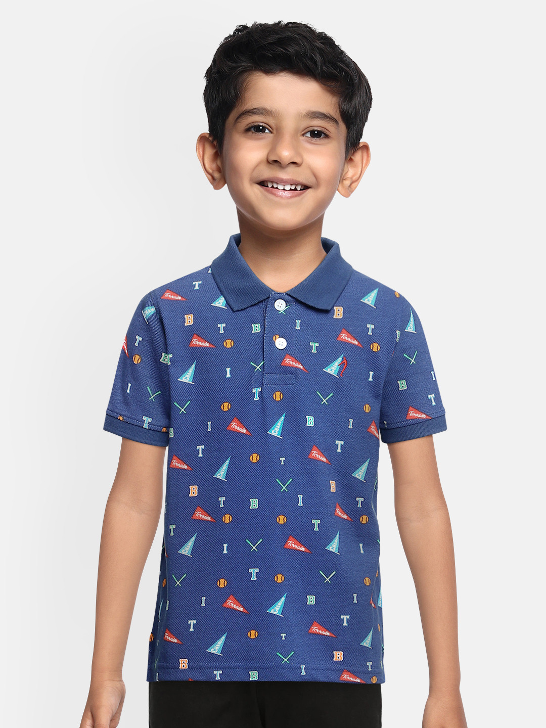 

Indian Terrain Boys Blue Printed Polo Collar Pure Cotton T-shirt
