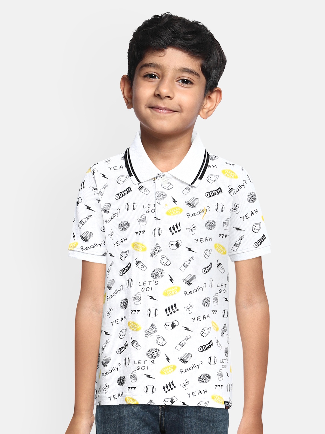 

Indian Terrain Boys White Printed Pure Cotton Polo Collar Pure Cotton T-shirt