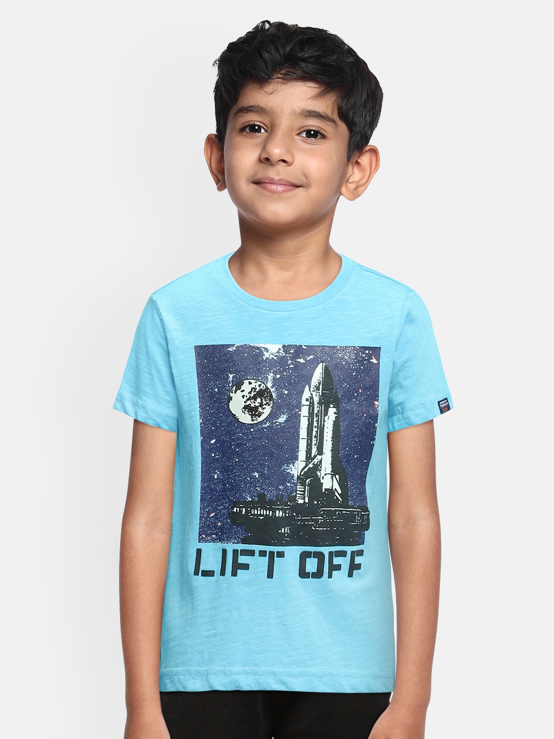 

Indian Terrain Boys Blue Printed Round Neck Pure Cotton T-shirt