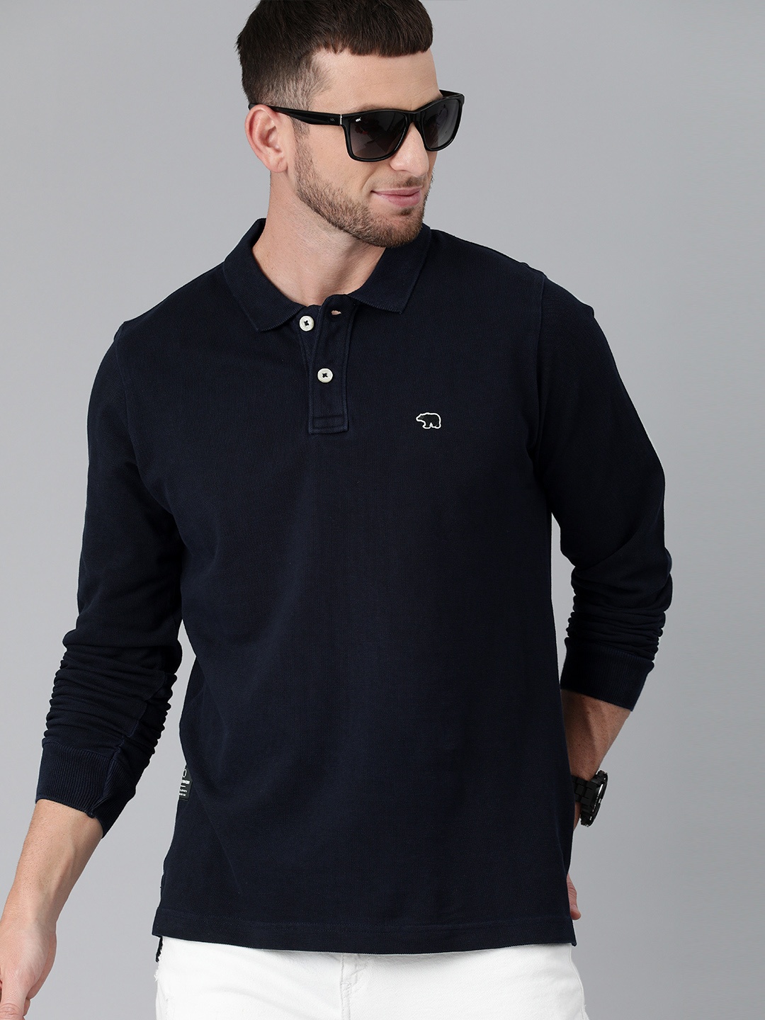 

THE BEAR HOUSE Men Navy Blue Solid Polo Collar Pure Cotton T-shirt