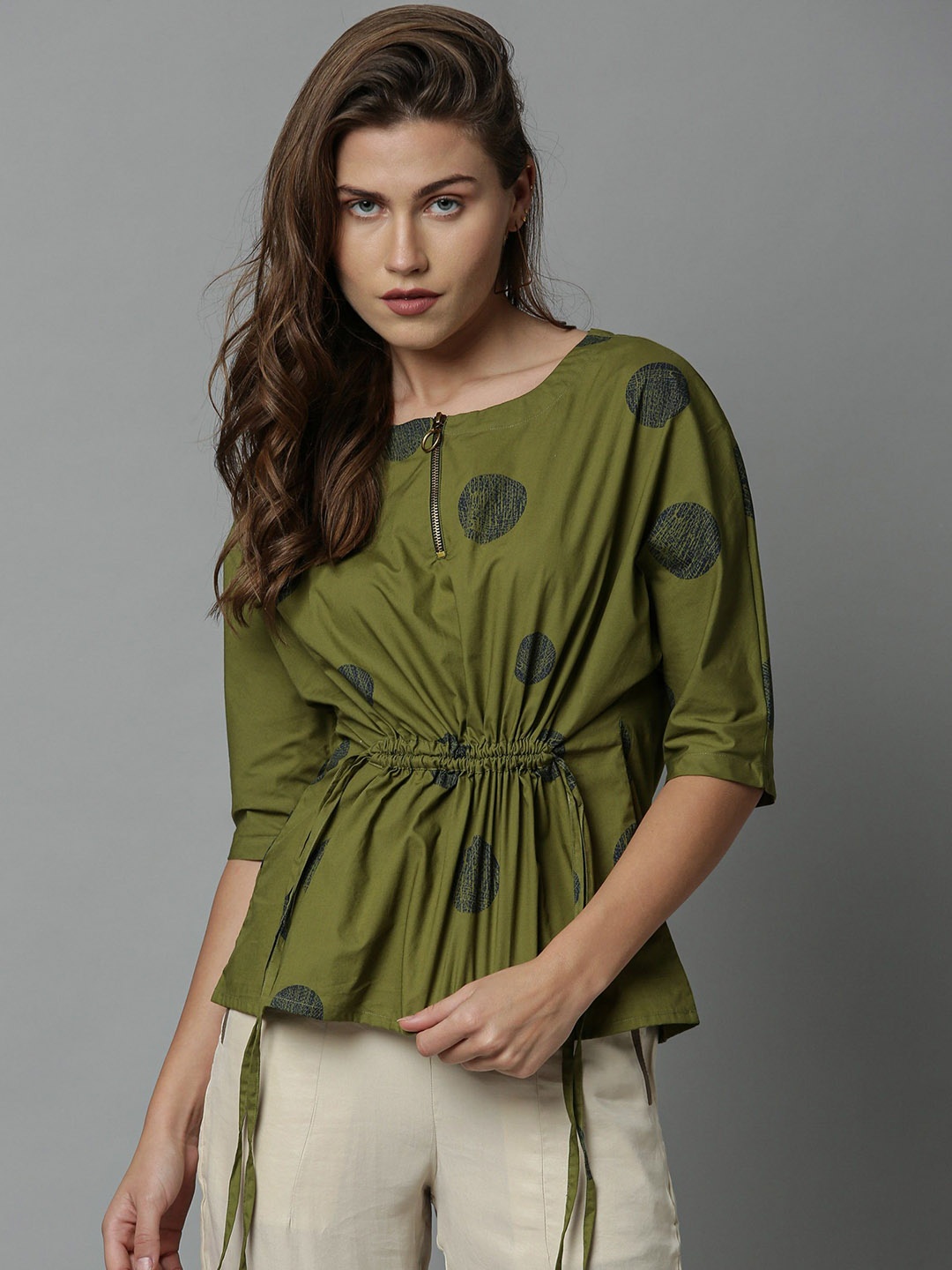 

RAREISM Green Geometric Printed Cinched Waist Top