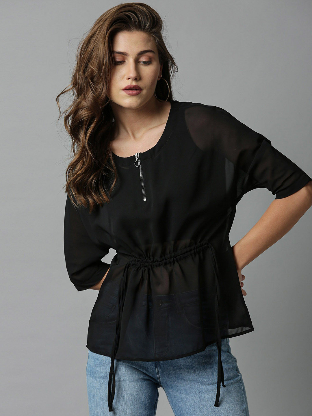 

RAREISM Women Black Solid Cinched Waist Top