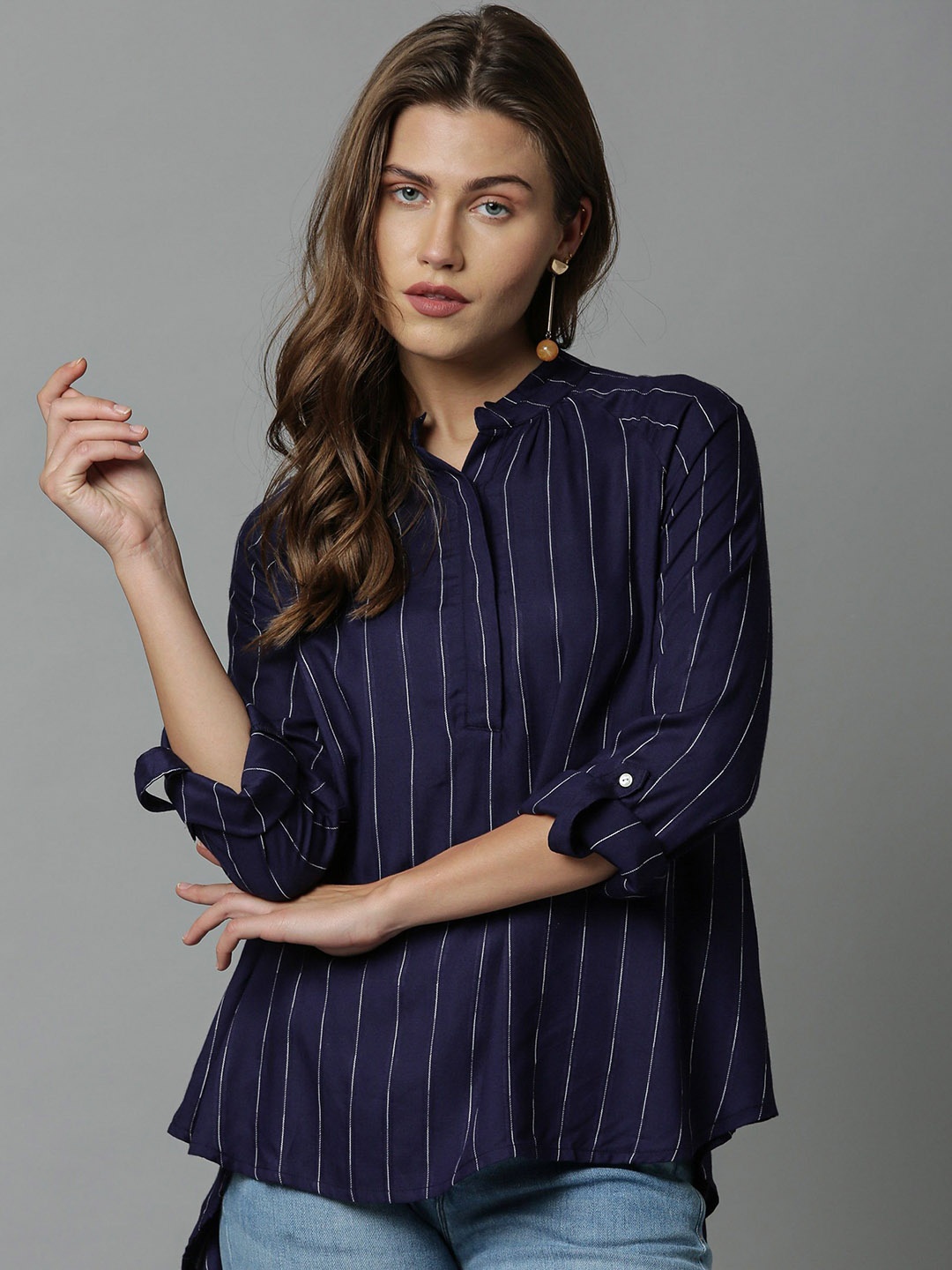 

RAREISM Women Navy Blue Striped Mandarin Collar Roll-Up Sleeves Shirt Style Top