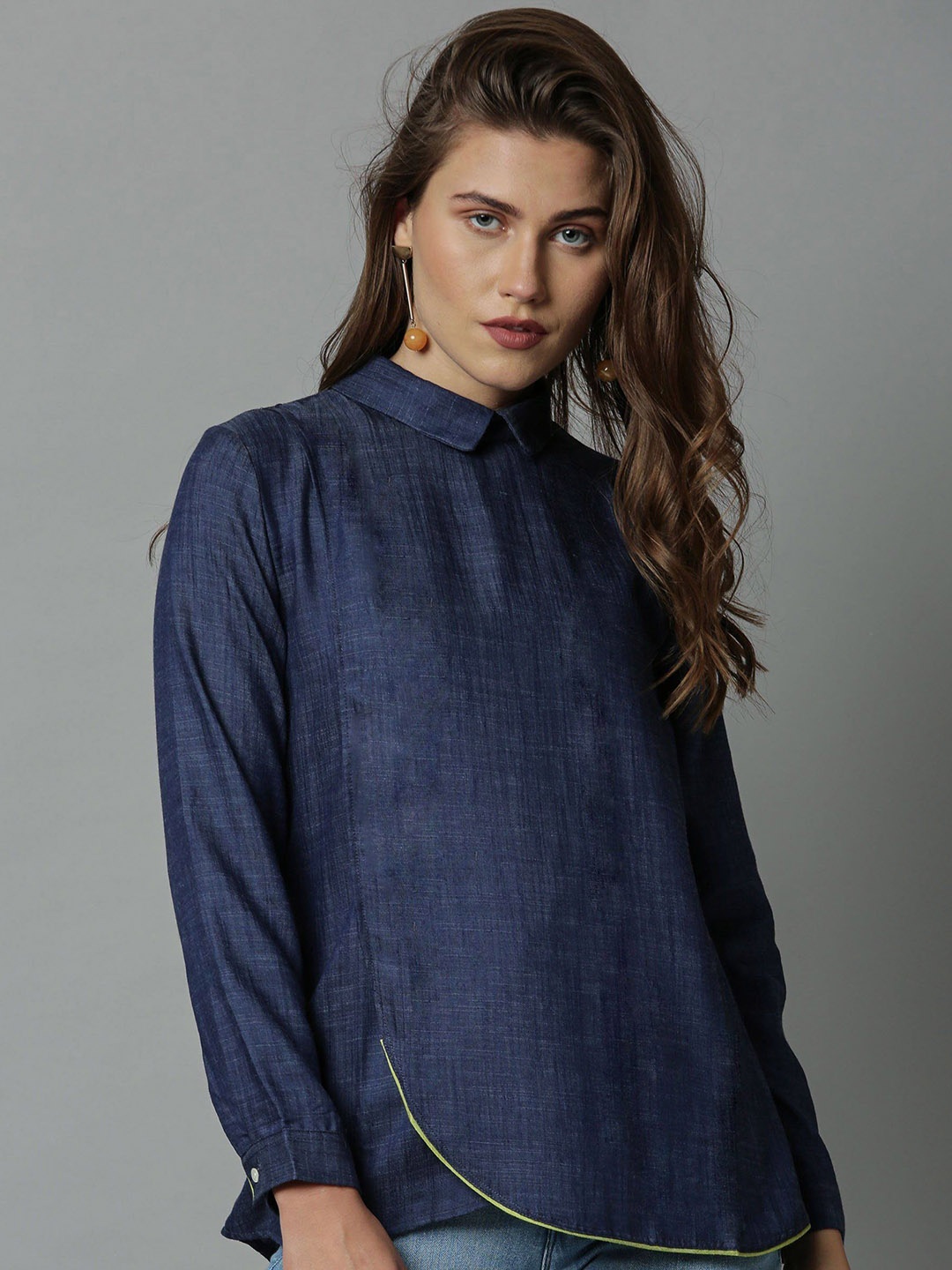 

RAREISM Women Navy Blue Solid Shirt Style Top