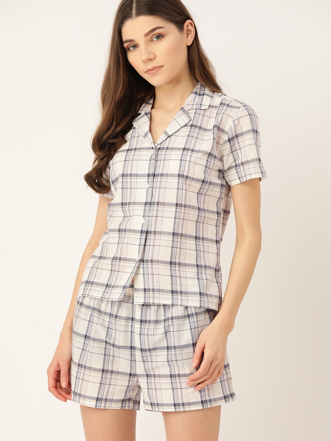 

ETC Women White & Navy Blue Checked Pure Cotton Night Suit