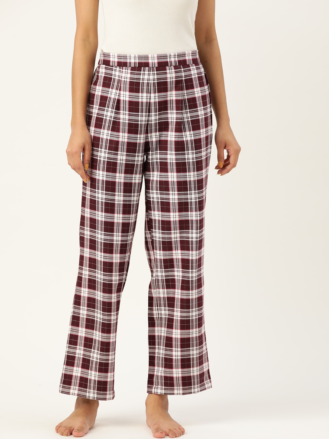 

ETC Women Maroon & White Checked Pure Cotton Lounge Pants