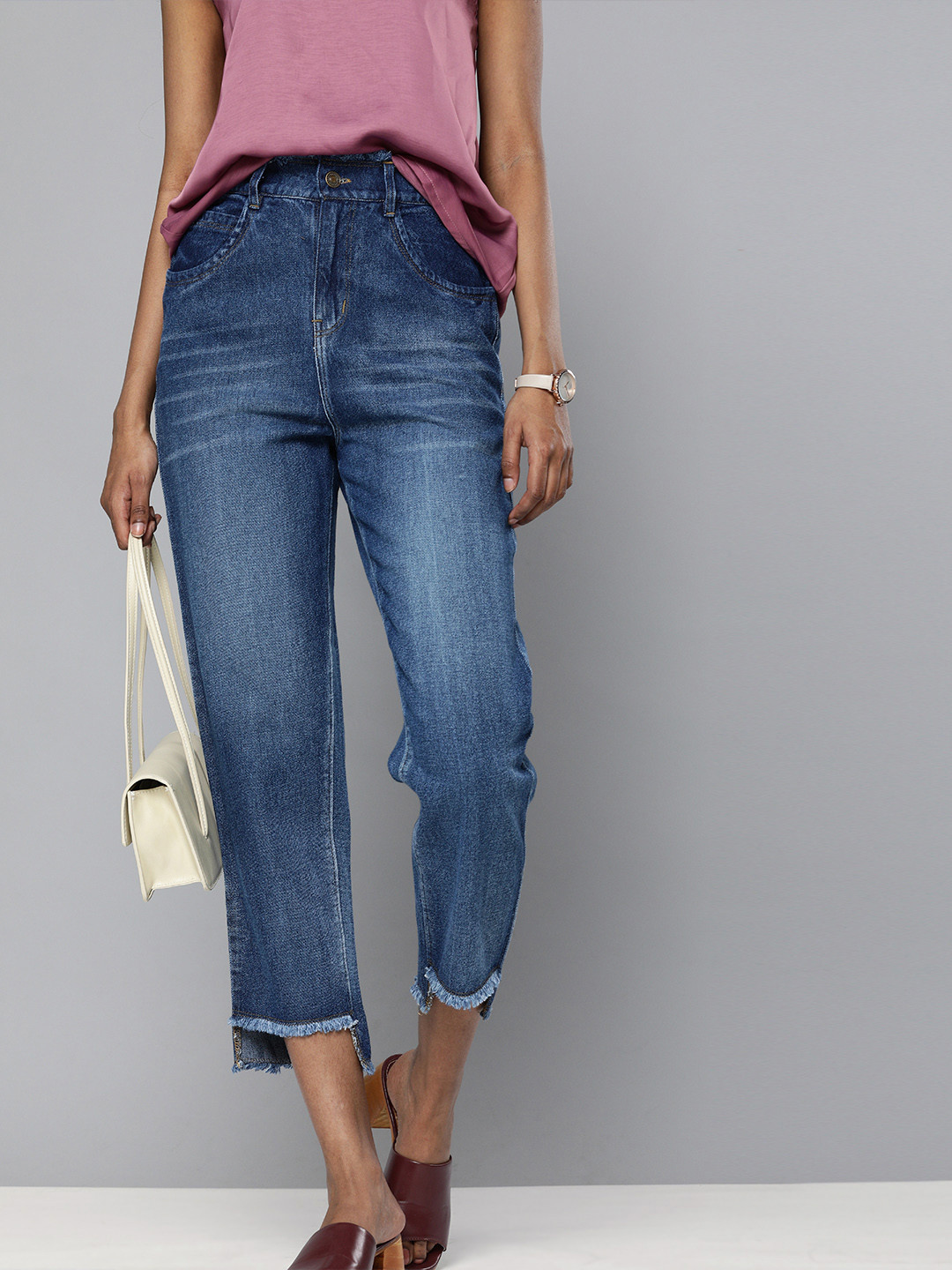 

SASSAFRAS Women Blue Regular Fit High-Rise Clean Look Low Hem Slouchy Cropped Jeans