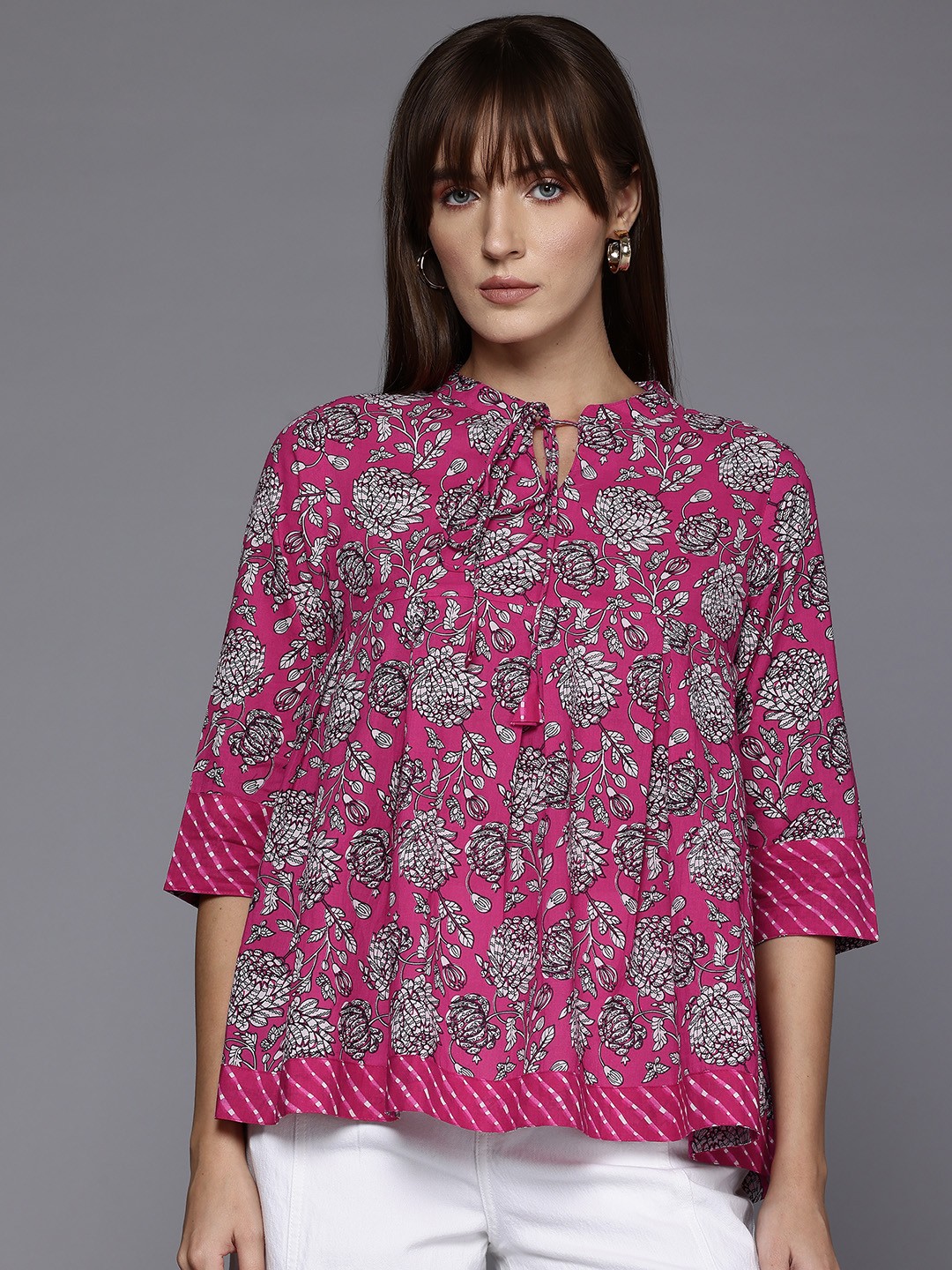 

SASSAFRAS Floral Print Tie-Up Neck Cotton Top, Pink
