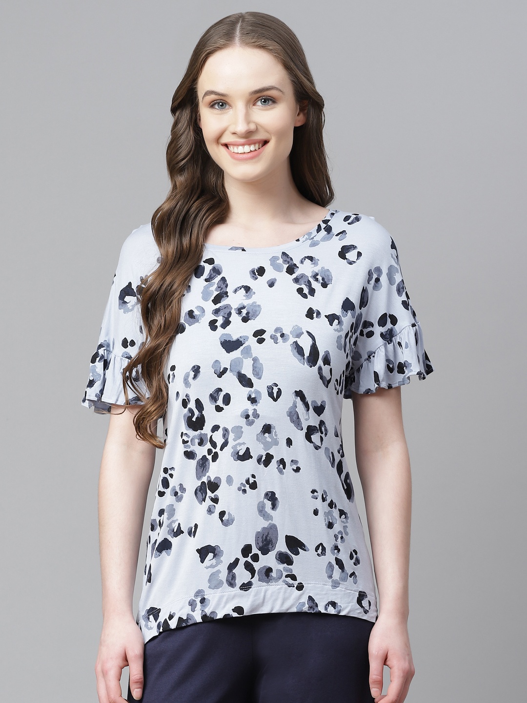 

Marks & Spencer Women Blue & Black Abstract Print Lounge Top with Ruffled Detail
