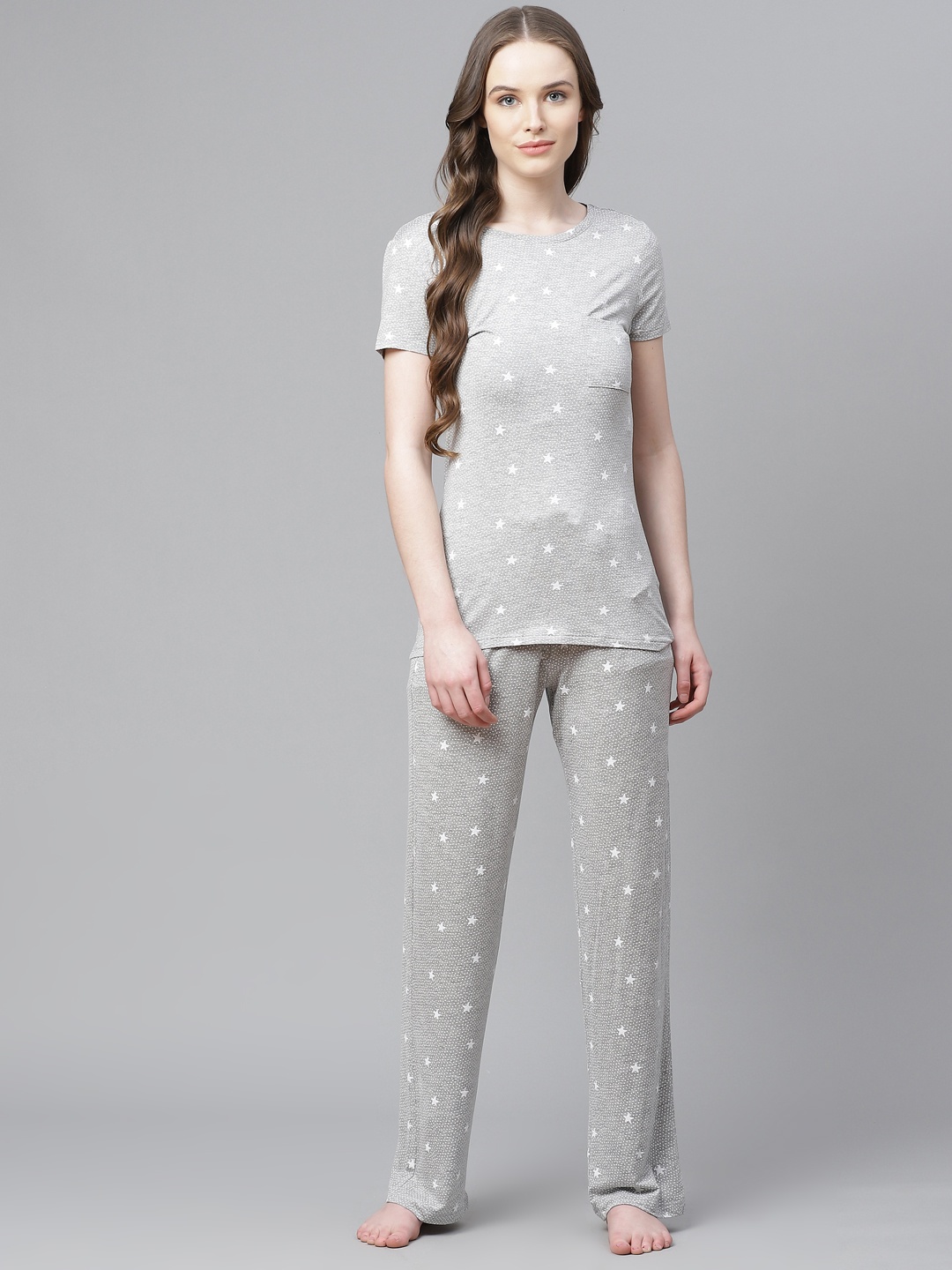 

Marks & Spencer Women Grey Melange & White Printed Night suit
