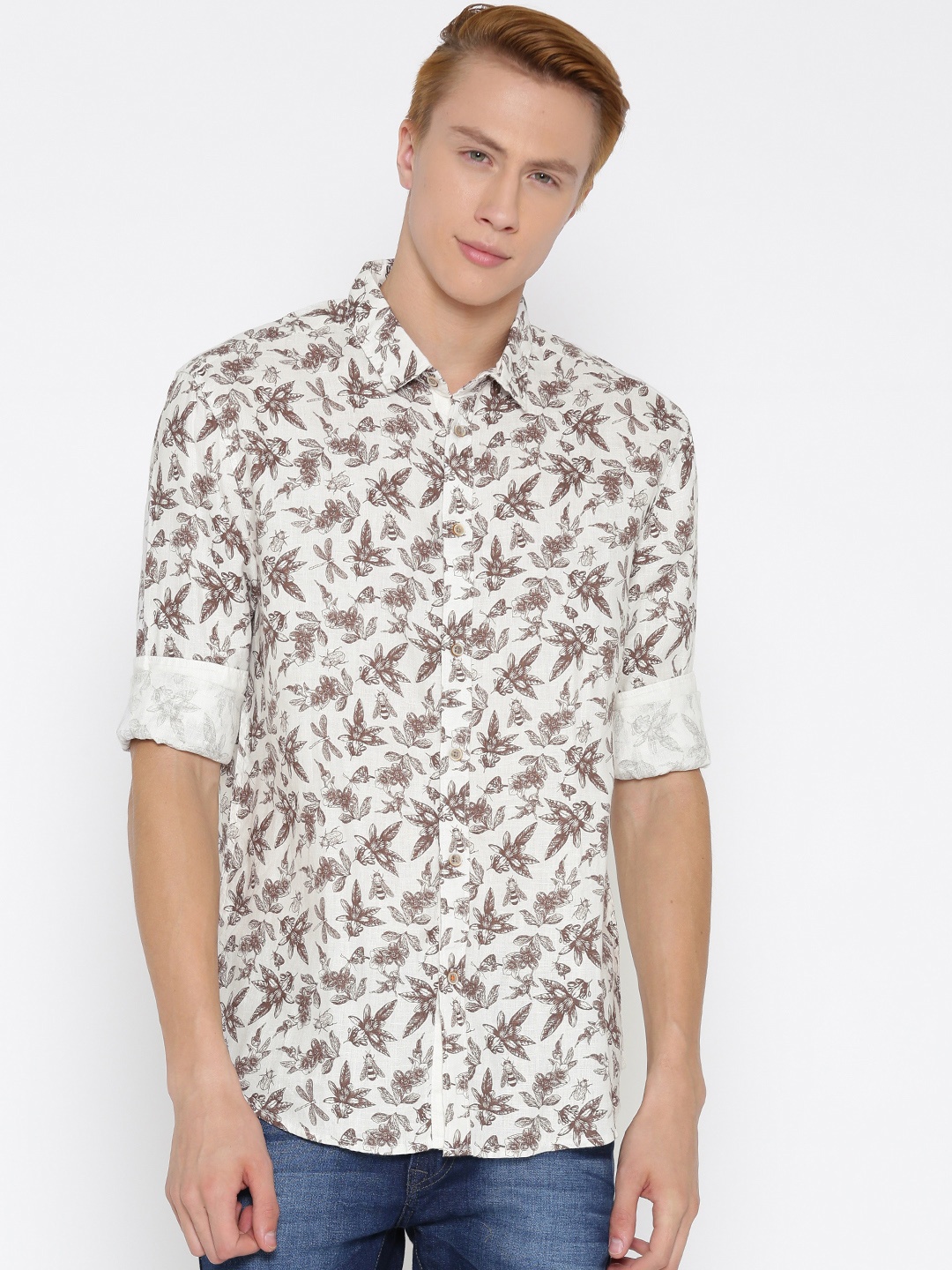 

Jack & Jones Off-White Linen Printed Slim Casual Shirt