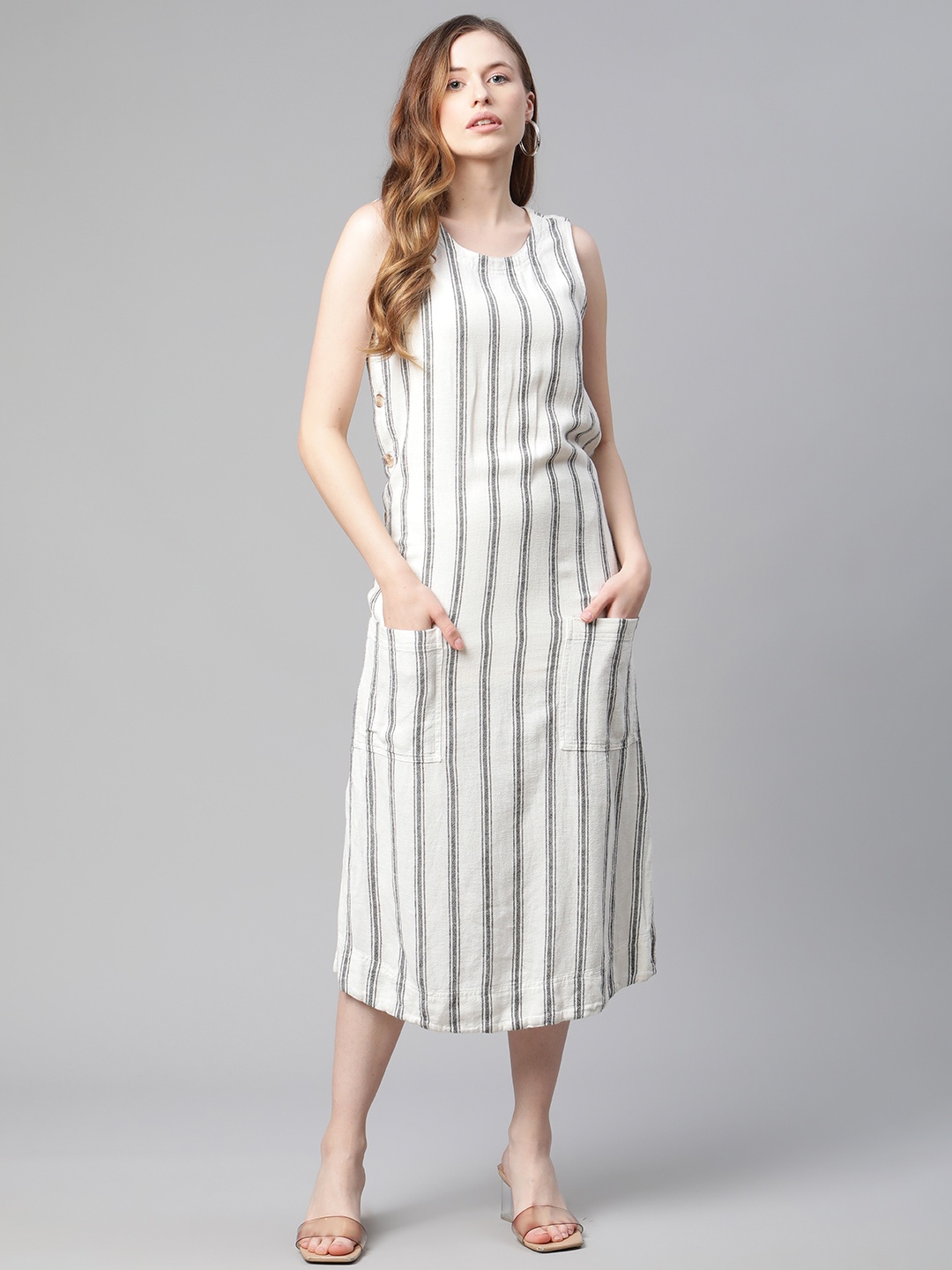 

Marks & Spencer Off White & Black Striped A-Line Midi Dress