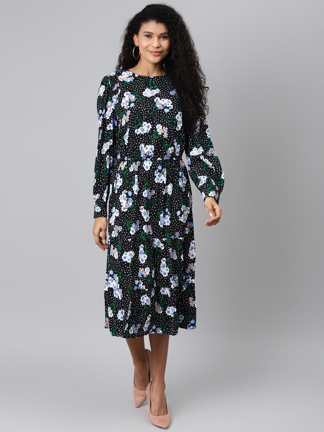 

Marks & Spencer Women Black & Blue Floral Printed A-Line Dress