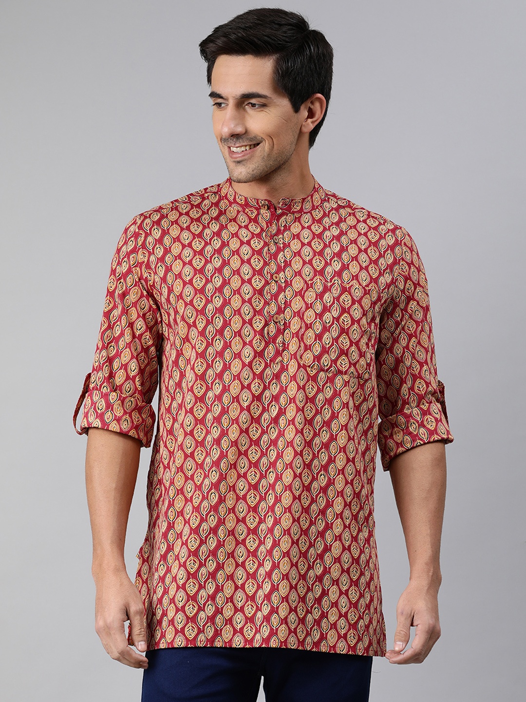 

Janasya Men Red & Beige Ethnic Motif Printed Cotton Kurta