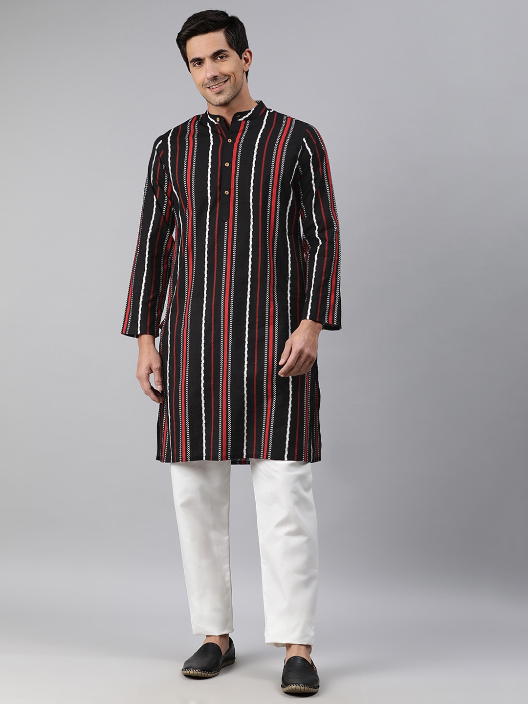 

Janasya Men Black & Red Striped Cotton Kurta