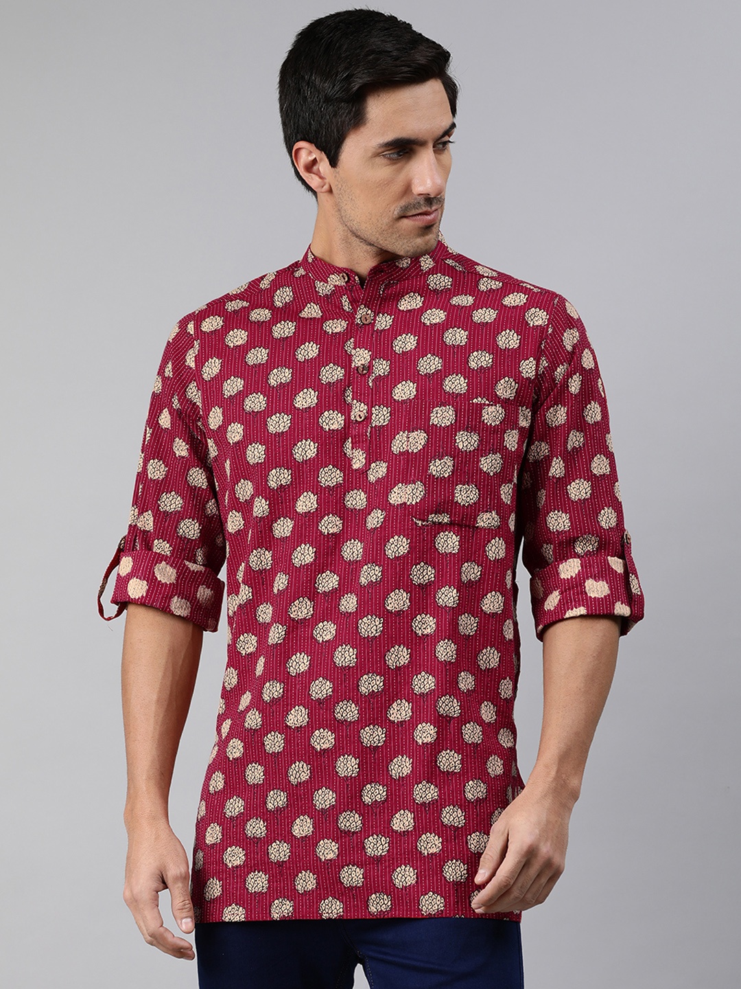 

Janasya Men Maroon & Beige Ethnic Motif Print Cotton Kurta