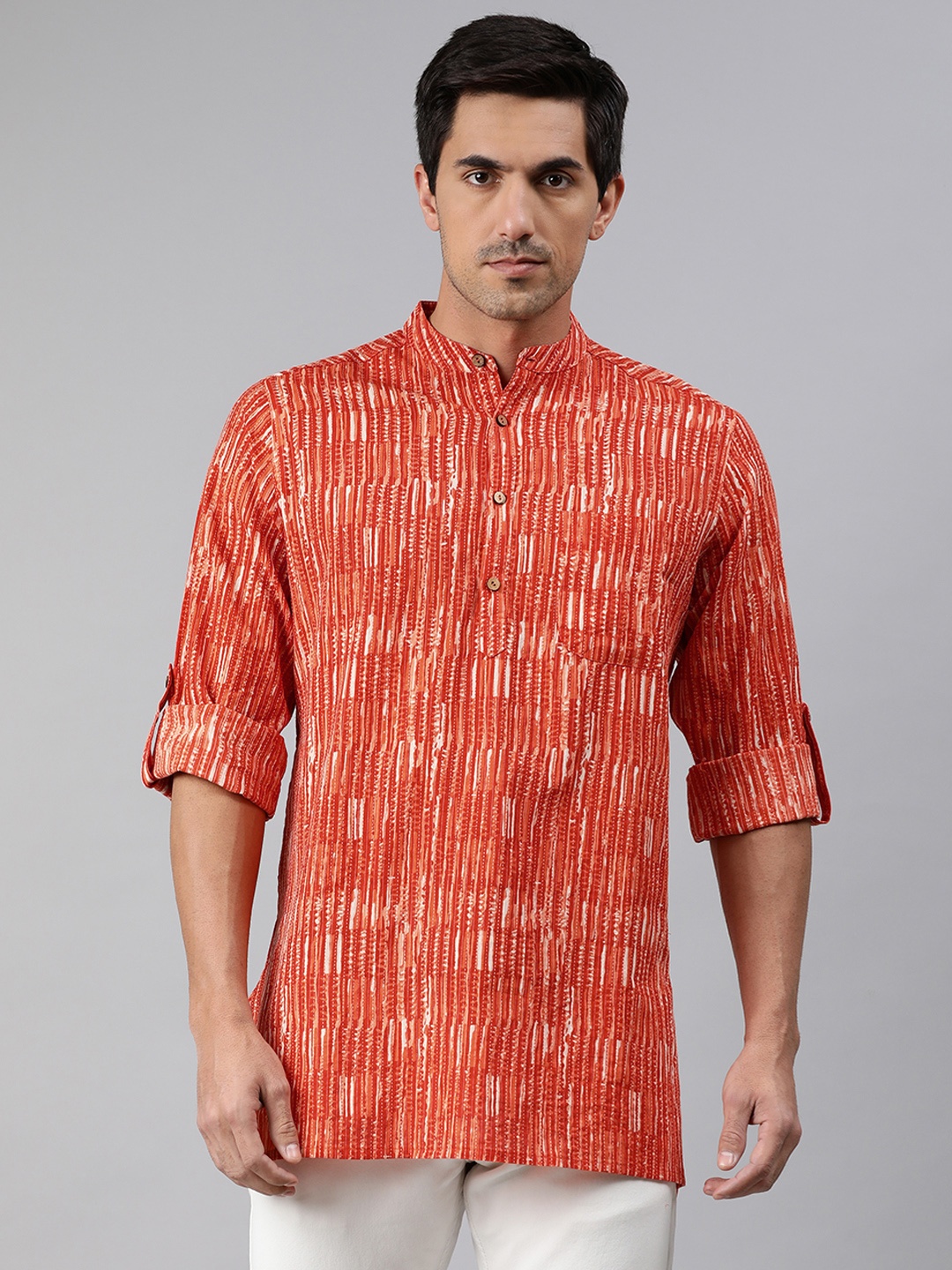 

Janasya Men Orange & White Striped Kurta