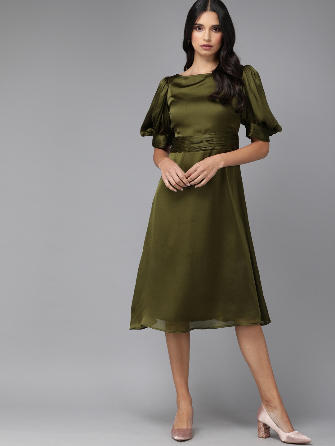 

MISH Olive Green Boat Neck A-Line Dress