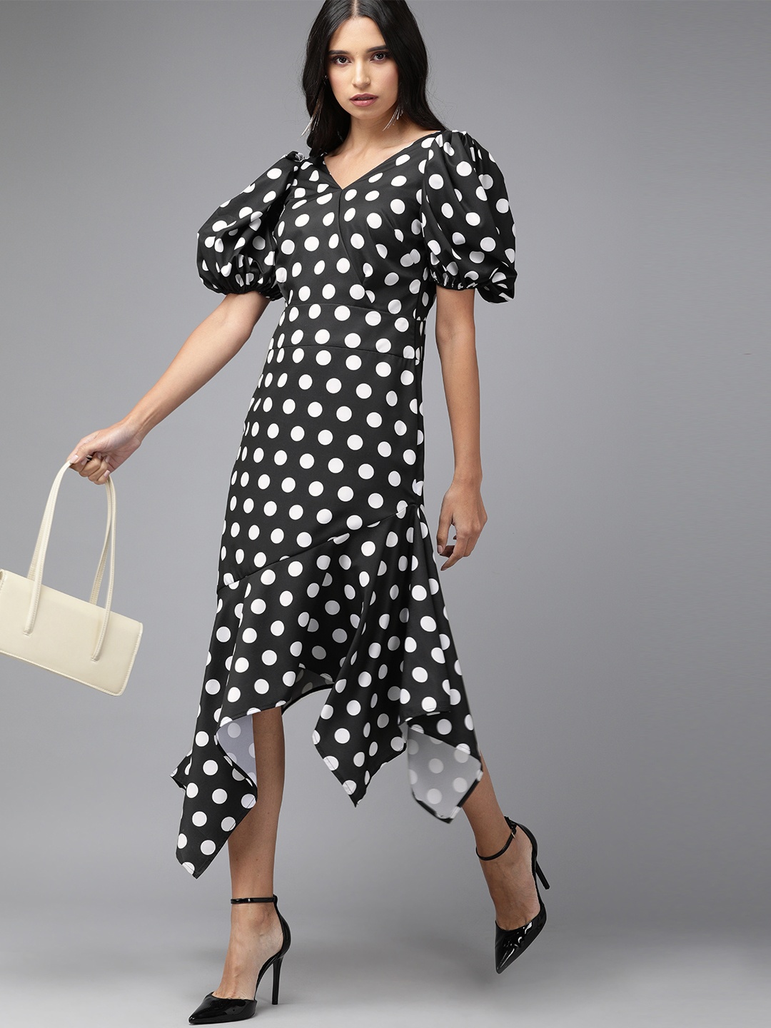 

MISH Women Black & White Polka Dots Printed Power Shoulder Sleeve Sheath Dress