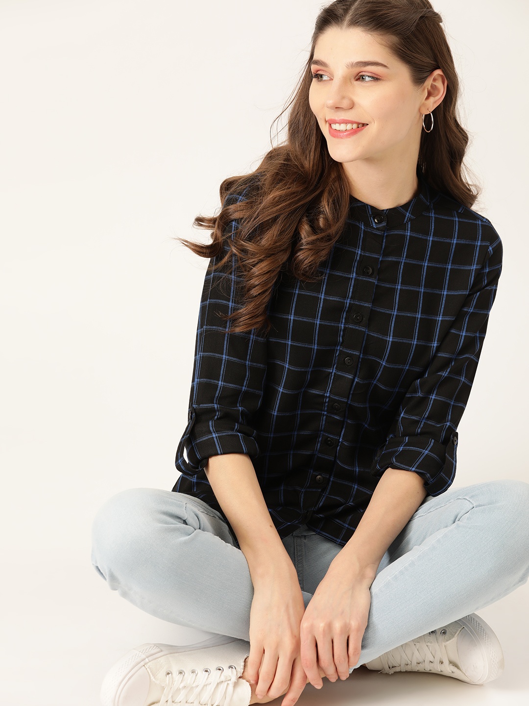 

DressBerry Women Black & Blue Regular Fit Checked Casual Sustainable ECOVERO Shirt
